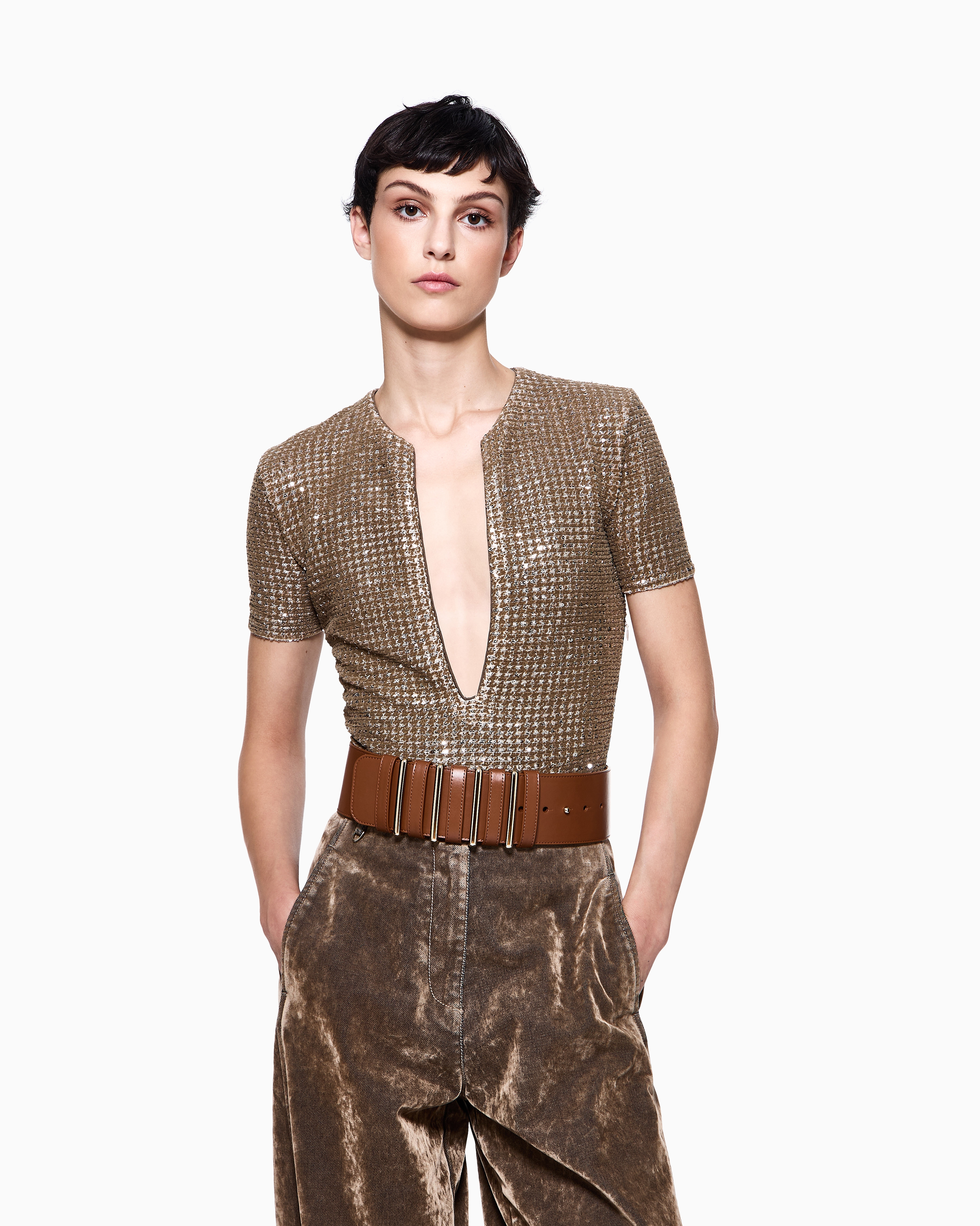 Giorgio Armani Smooth Calfskin Wide Belt In Brown