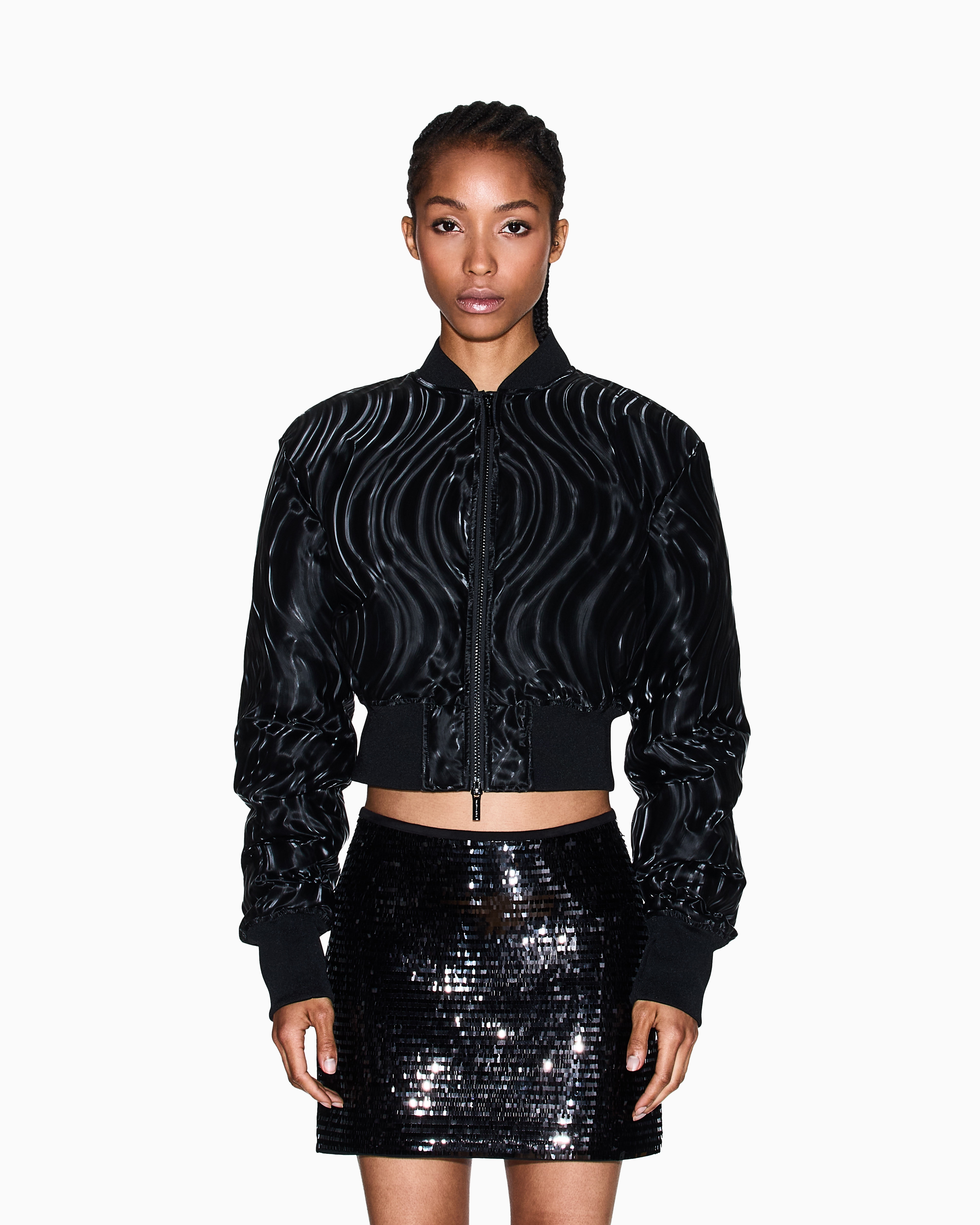 Armani Exchange -  Short Bomber Jacket with Embossed Pattern, Woman, Black, Size: