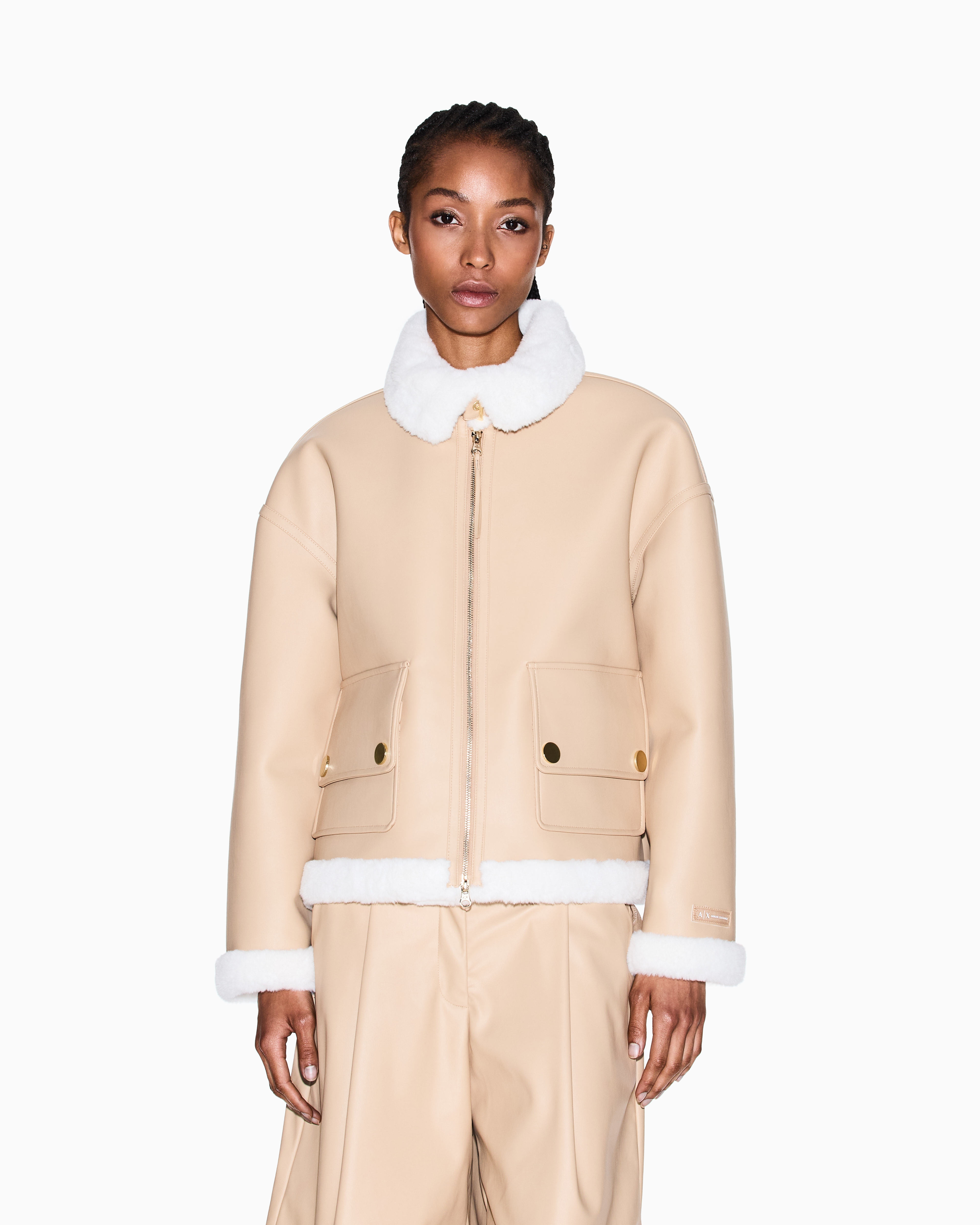 Armani Exchange - Short Faux Shearling Jacket, Woman, Camel, Size: