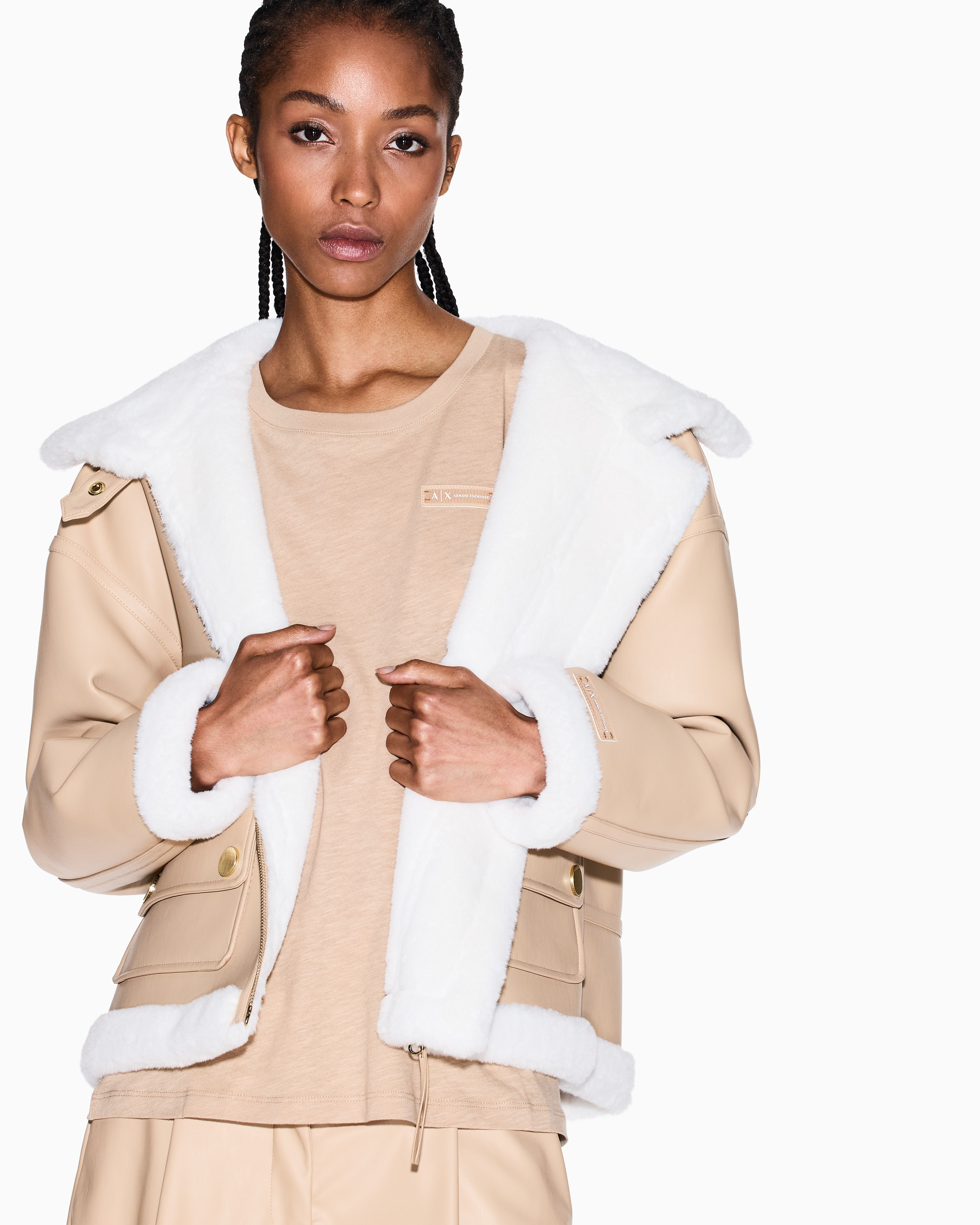 Armani Exchange - Short Faux Shearling Jacket, Woman, Camel, Size: