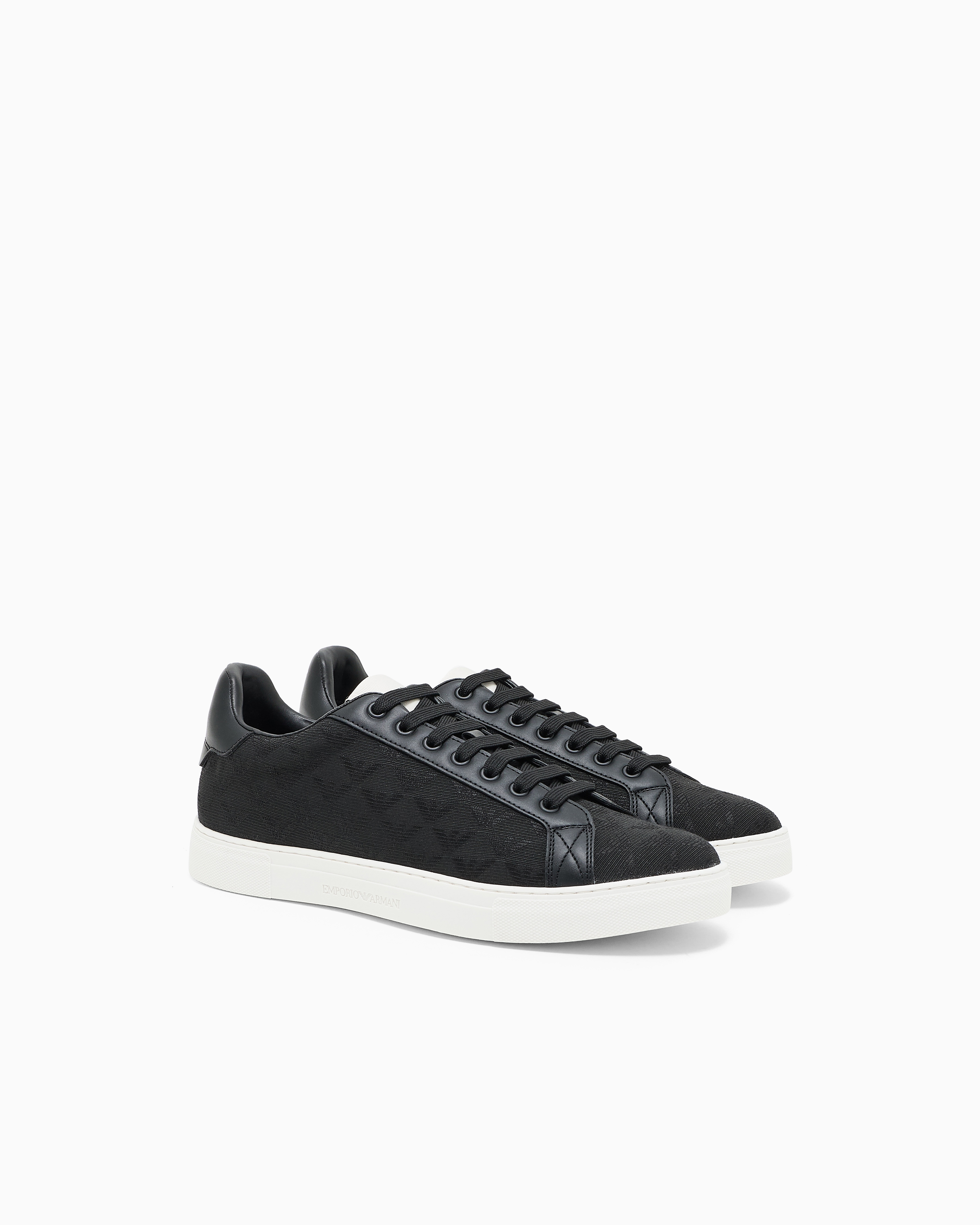 Emporio Armani Nylon Sneakers With Jacquard All-over Eagle In Black