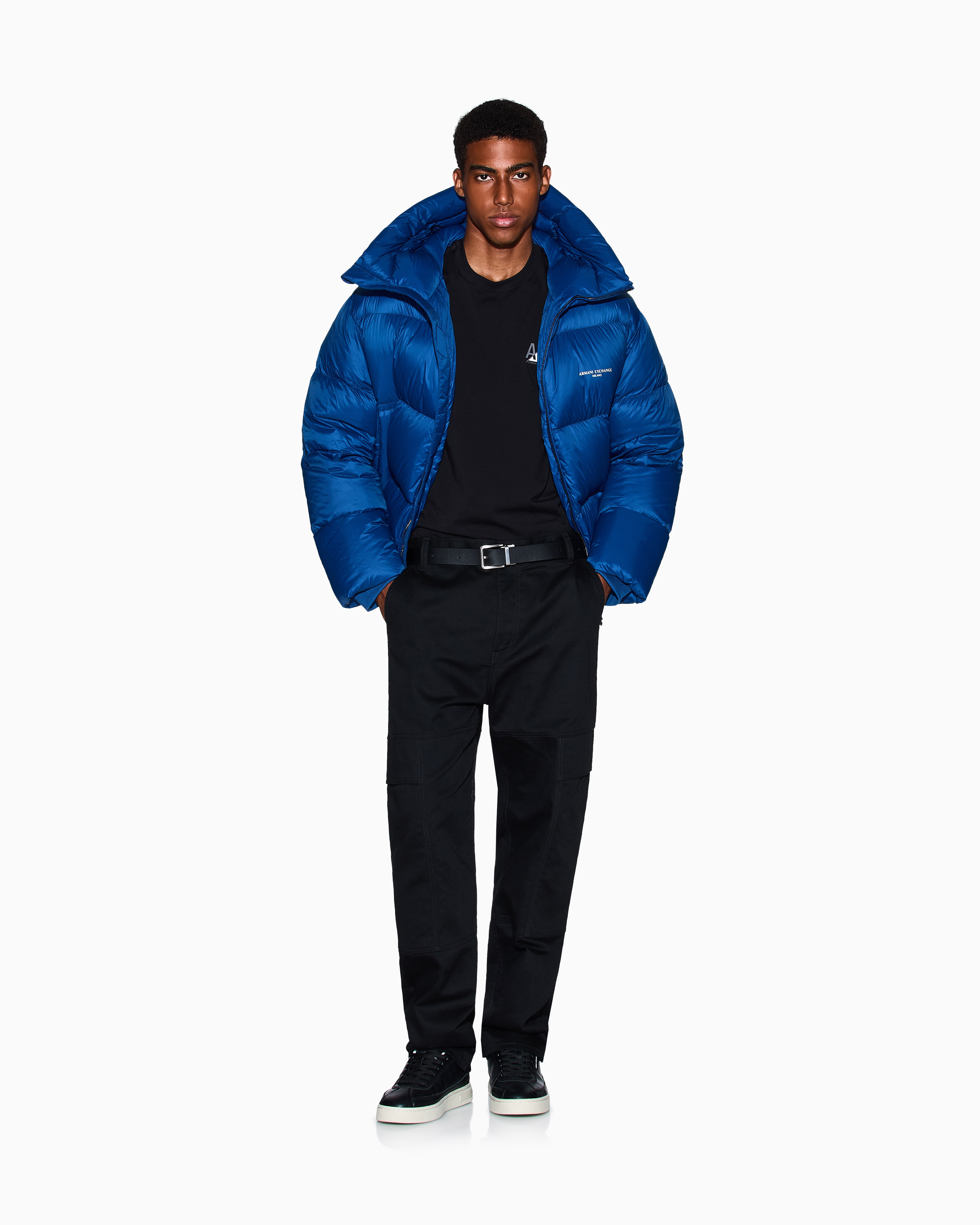 Armani Exchange - Satin hooded down jacket, Man, Blue, Size: M