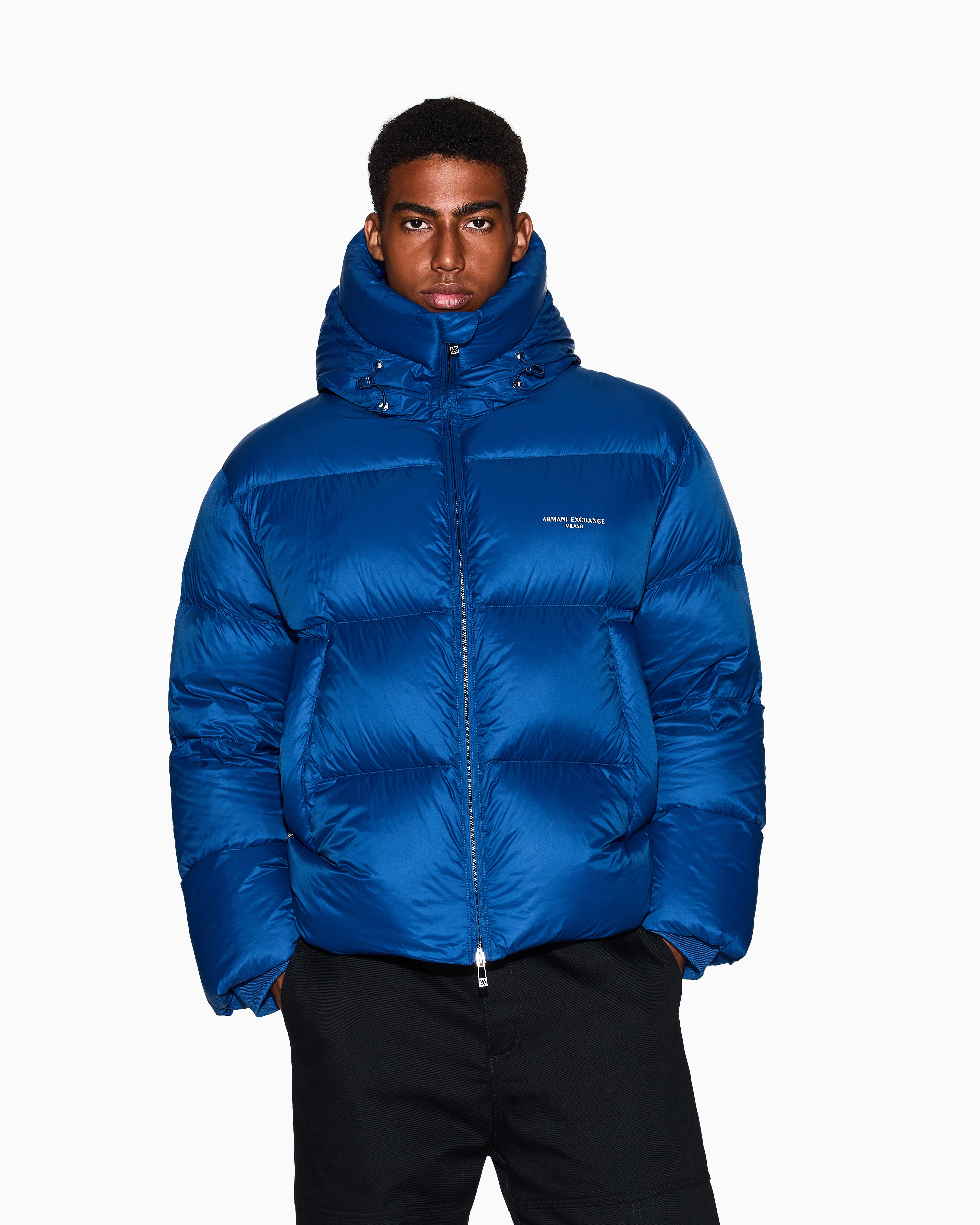 Armani Exchange - Satin hooded down jacket, Man, Blue, Size: M