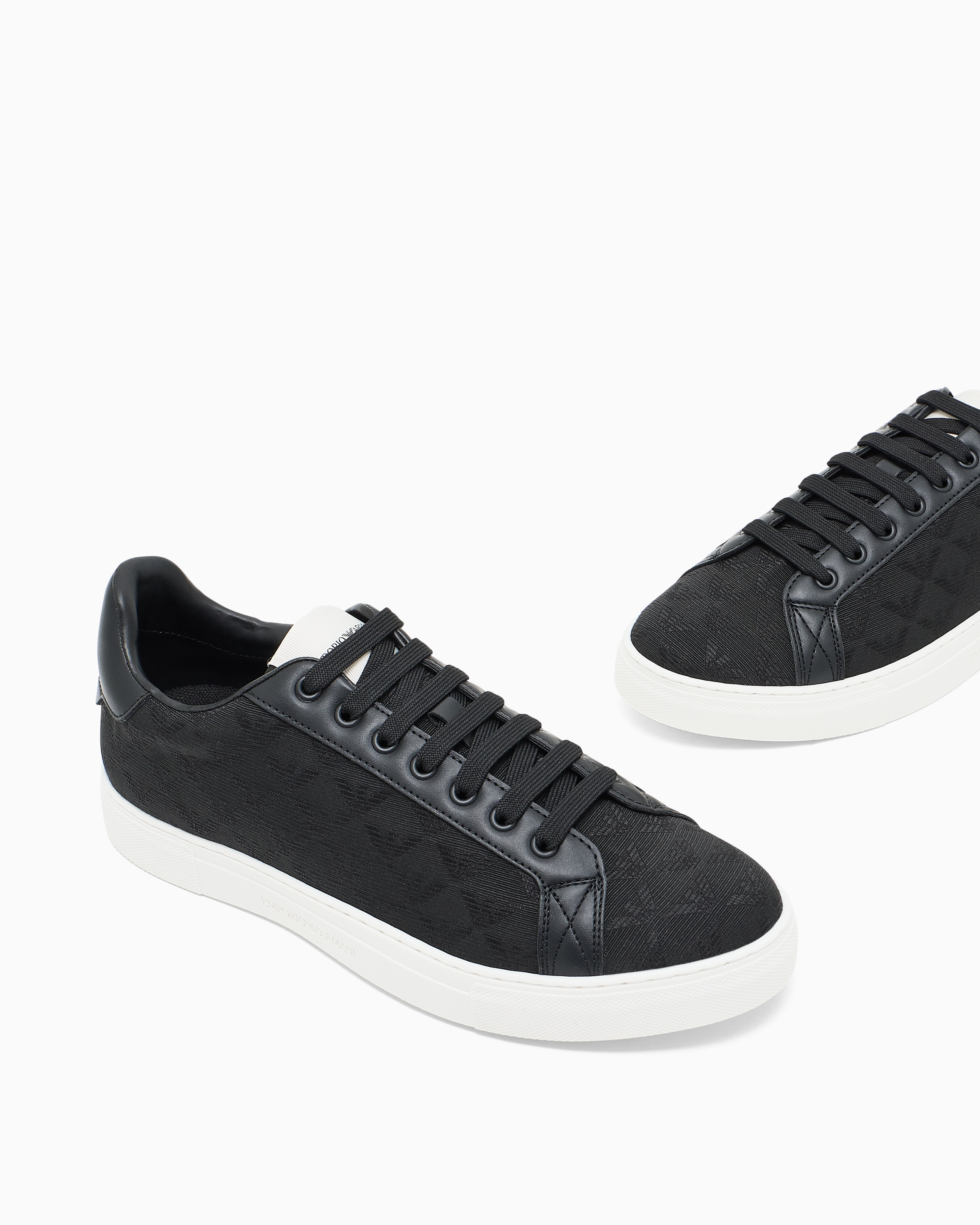 Emporio Armani Nylon Sneakers With Jacquard All-over Eagle In Black