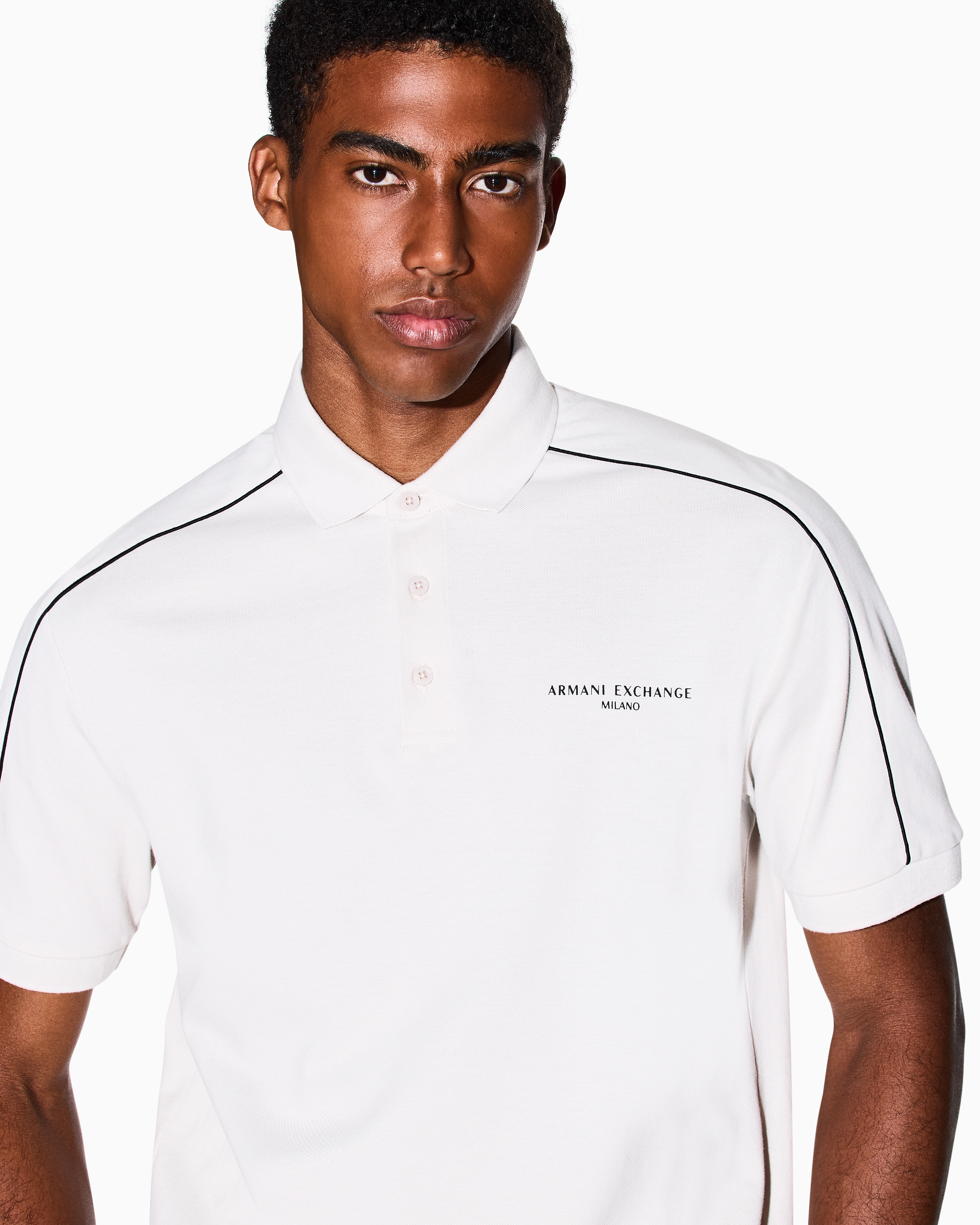 Armani Exchange Contrasting Piping Pique Polo Shirt In White