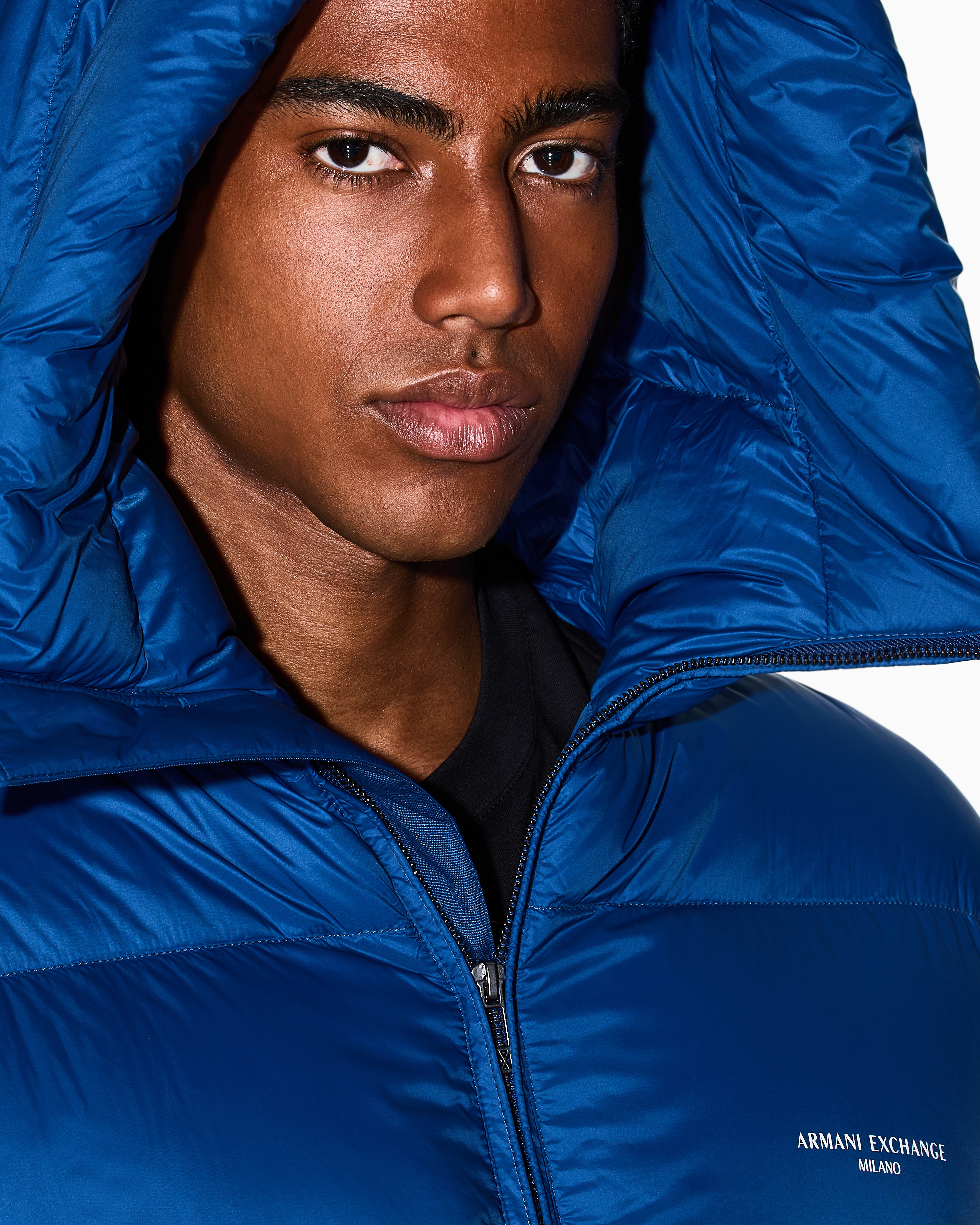 Armani Exchange - Satin hooded down jacket, Man, Blue, Size: M