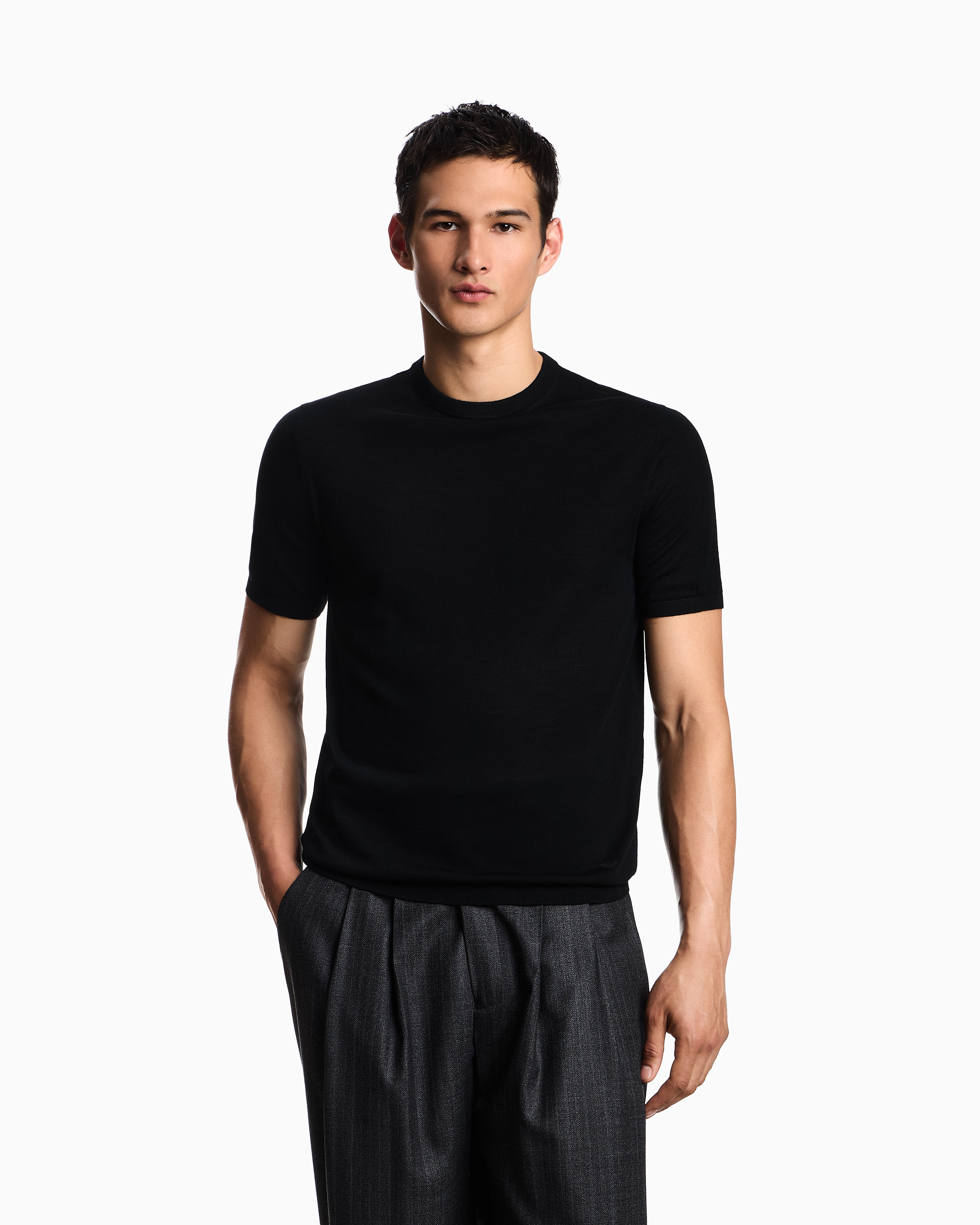 Emporio Armani Short-sleeved Jumper In A Seamless Plain-knit Virgin Wool In Black