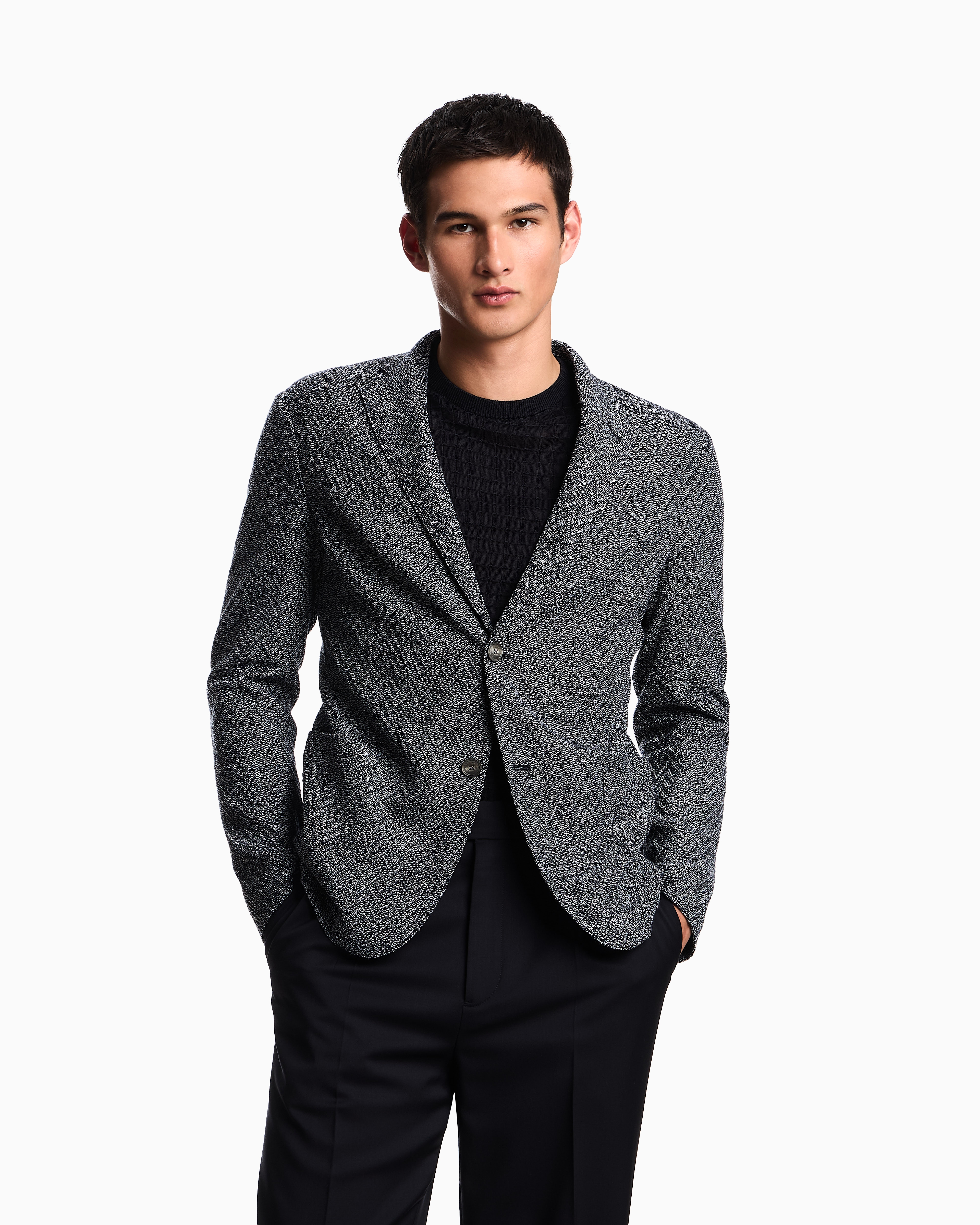 Emporio Armani Icon Single-breasted Jacket In Chevron-motif Wool In Gray