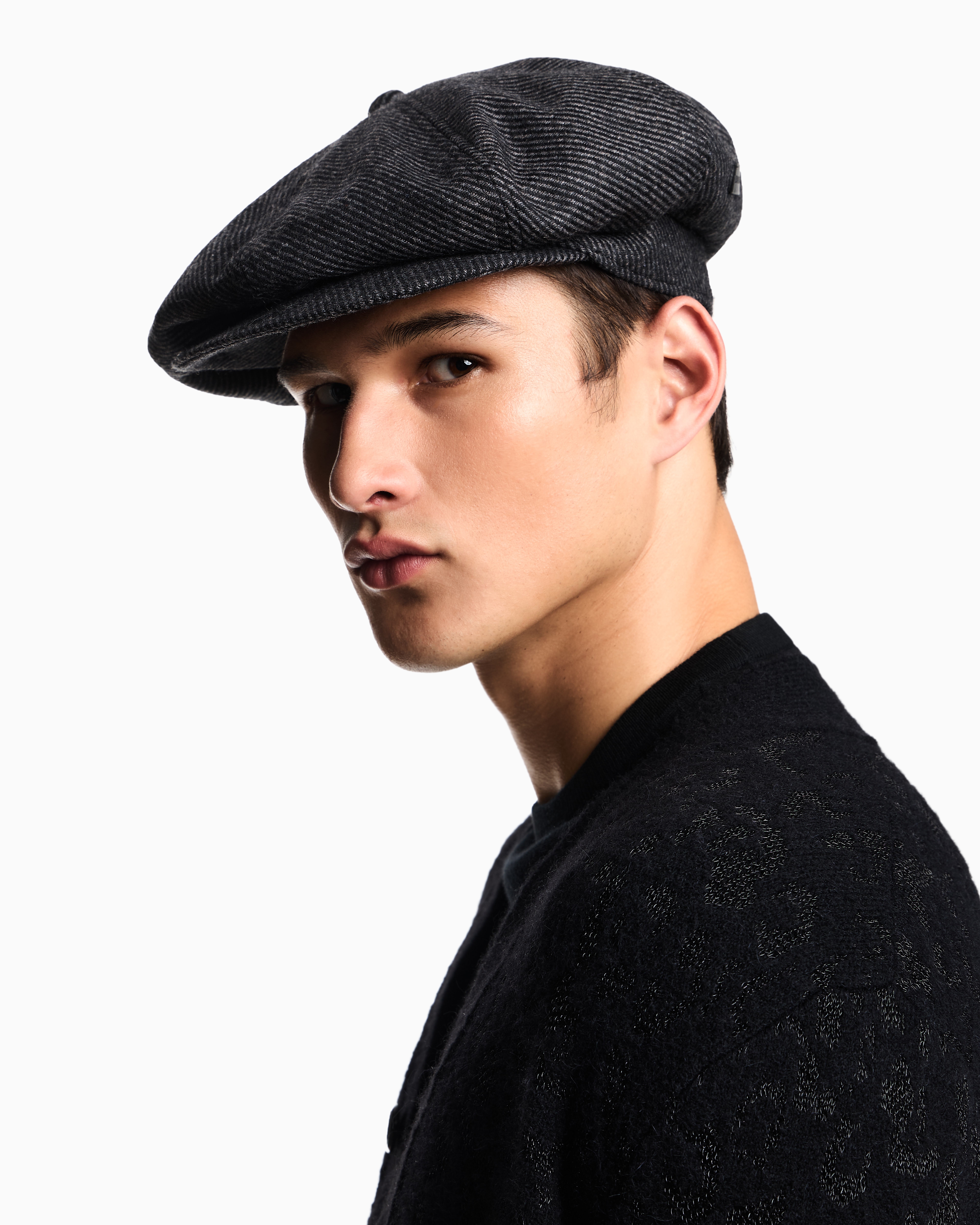 Emporio Armani Striped Motif Wool-blend Beret In Gray
