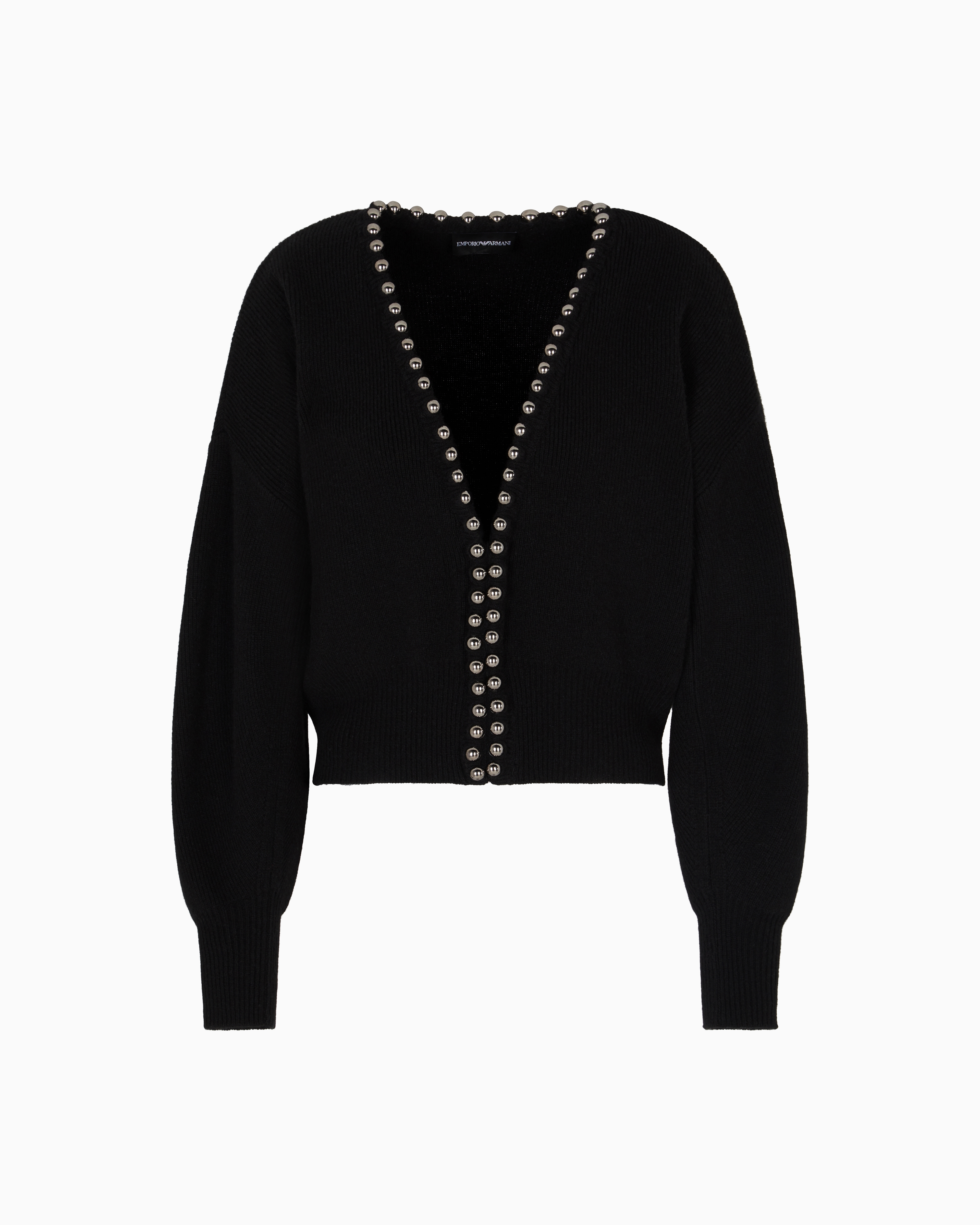 Emporio Armani Virgin Wool And Cashmere Cardigan With Oversized Metal Spheres In Black