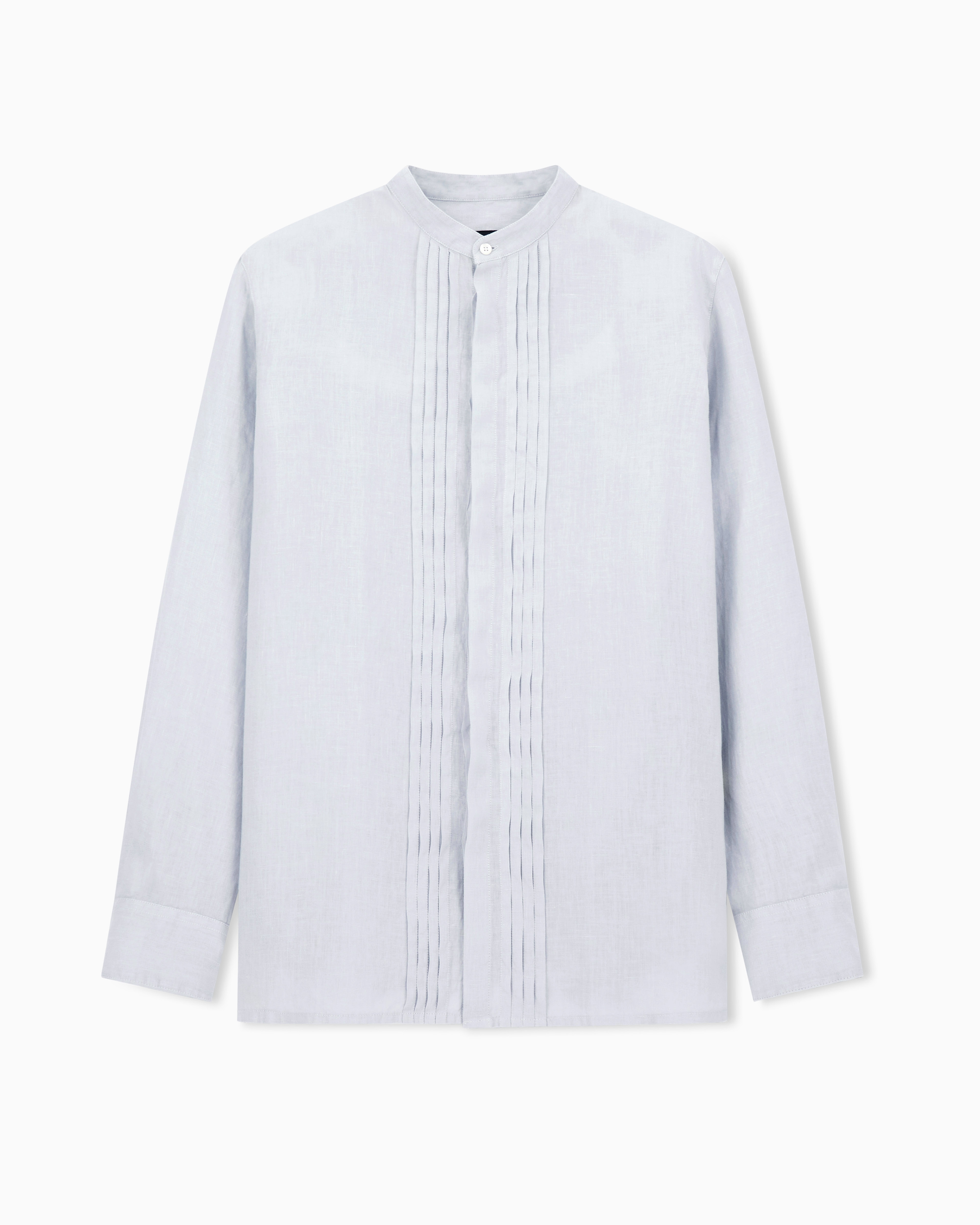 Emporio Armani - Garment-dyed linen shirt with guru collar and pleated detail, Man, Grey, Size: