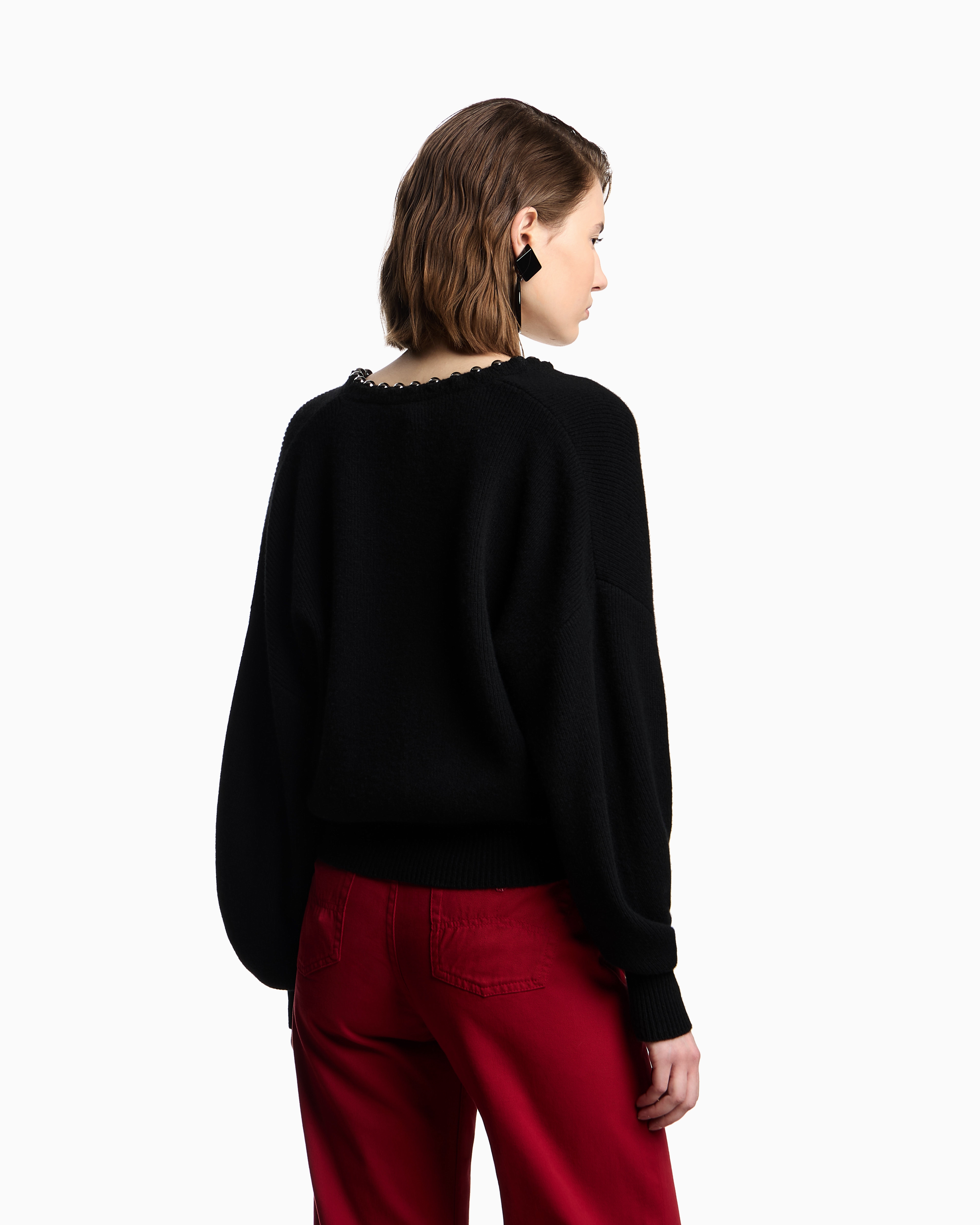 Emporio Armani Virgin Wool And Cashmere Cardigan With Oversized Metal Spheres In Black