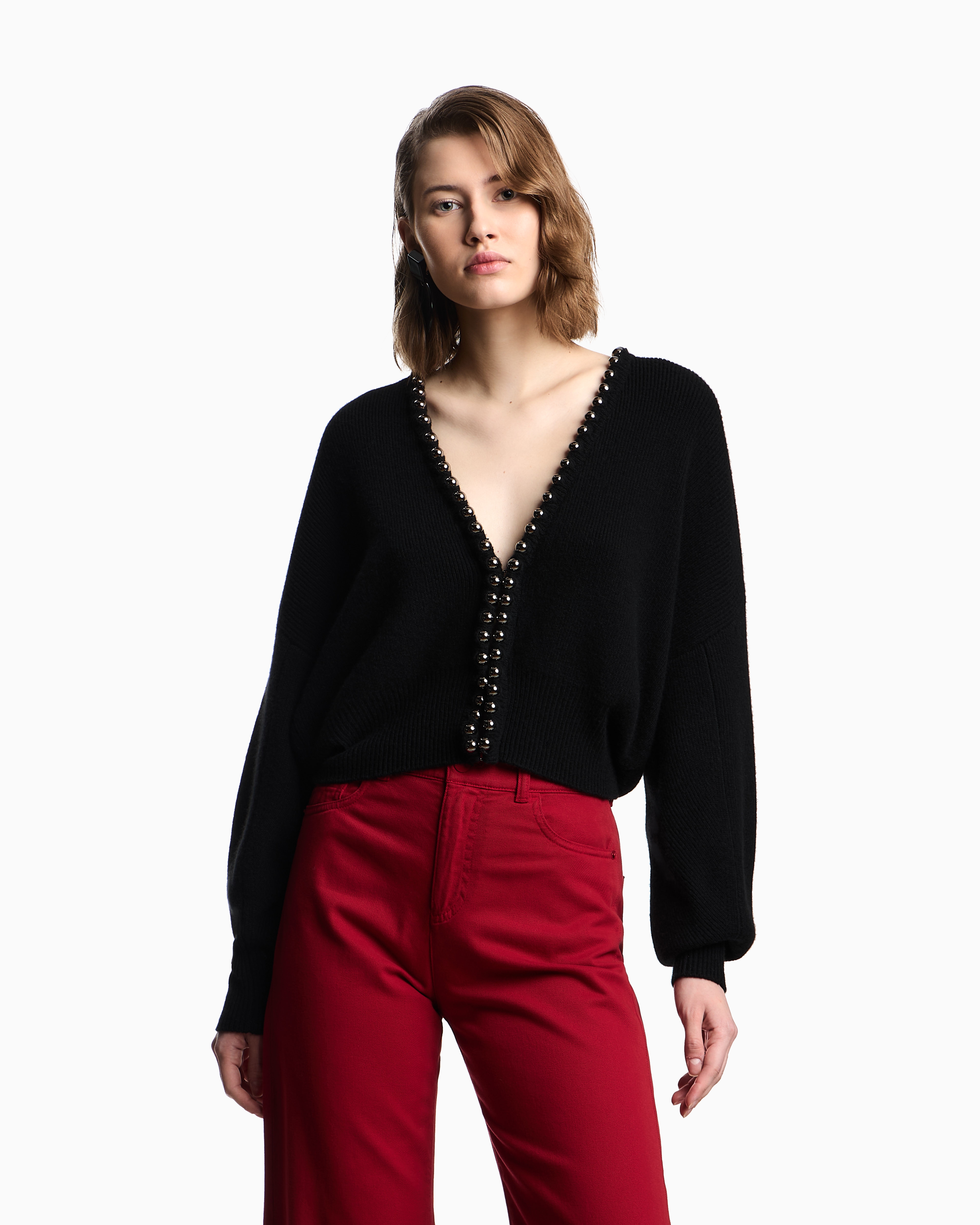 Emporio Armani Virgin Wool And Cashmere Cardigan With Oversized Metal Spheres In Black