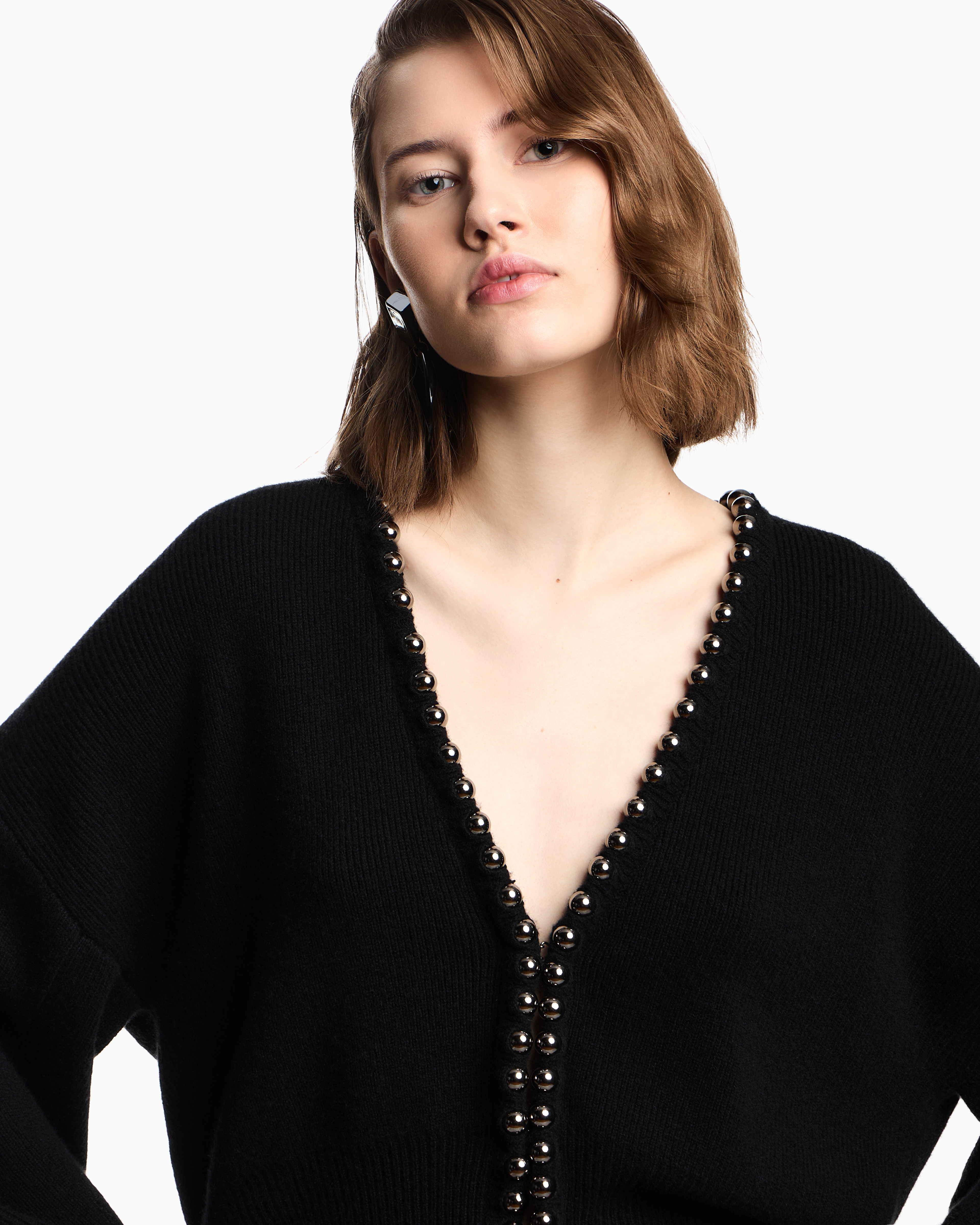 Emporio Armani Virgin Wool And Cashmere Cardigan With Oversized Metal Spheres In Black