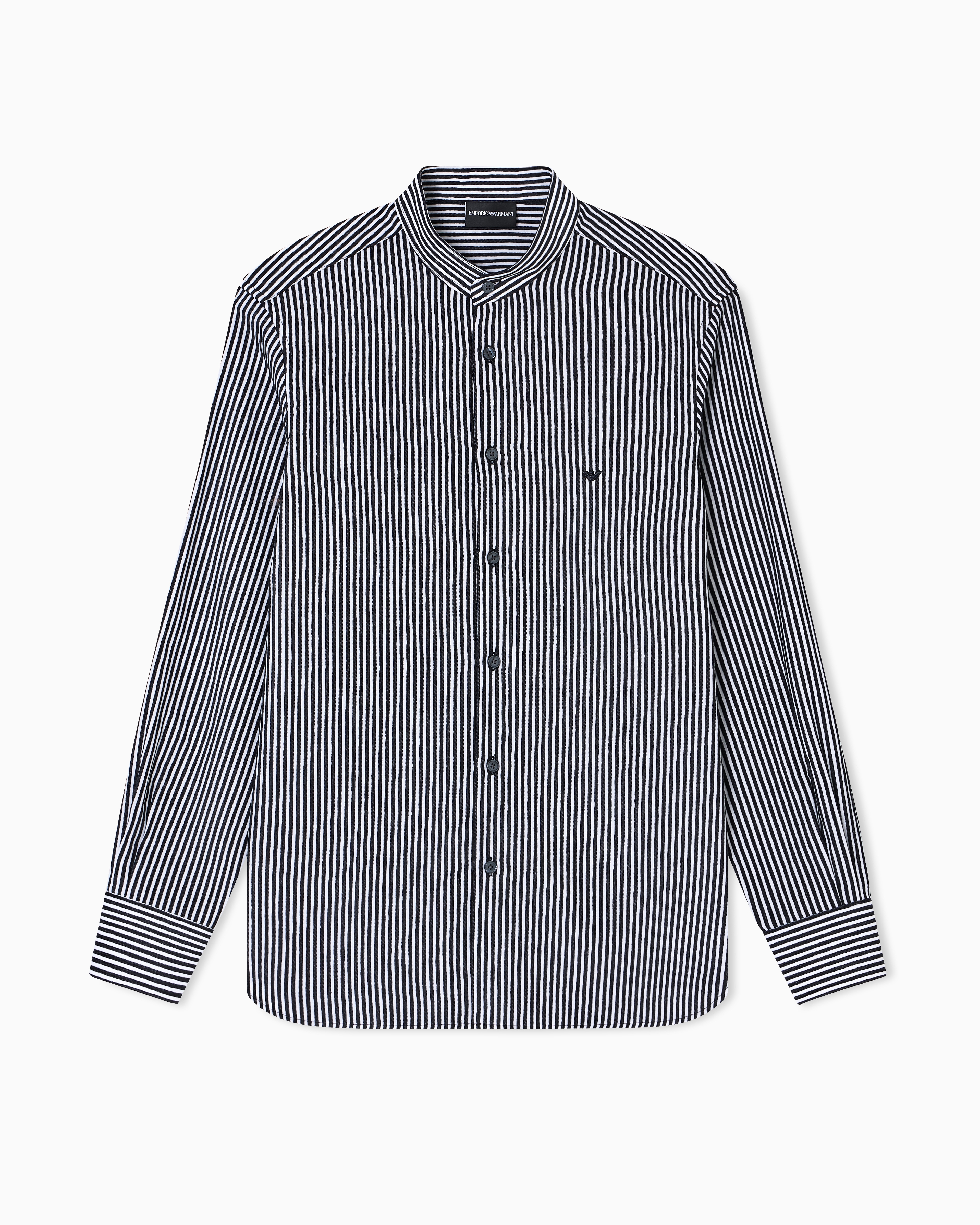 Emporio Armani Chenille Shirt With A Guru Collar With A Striped Motif In Black