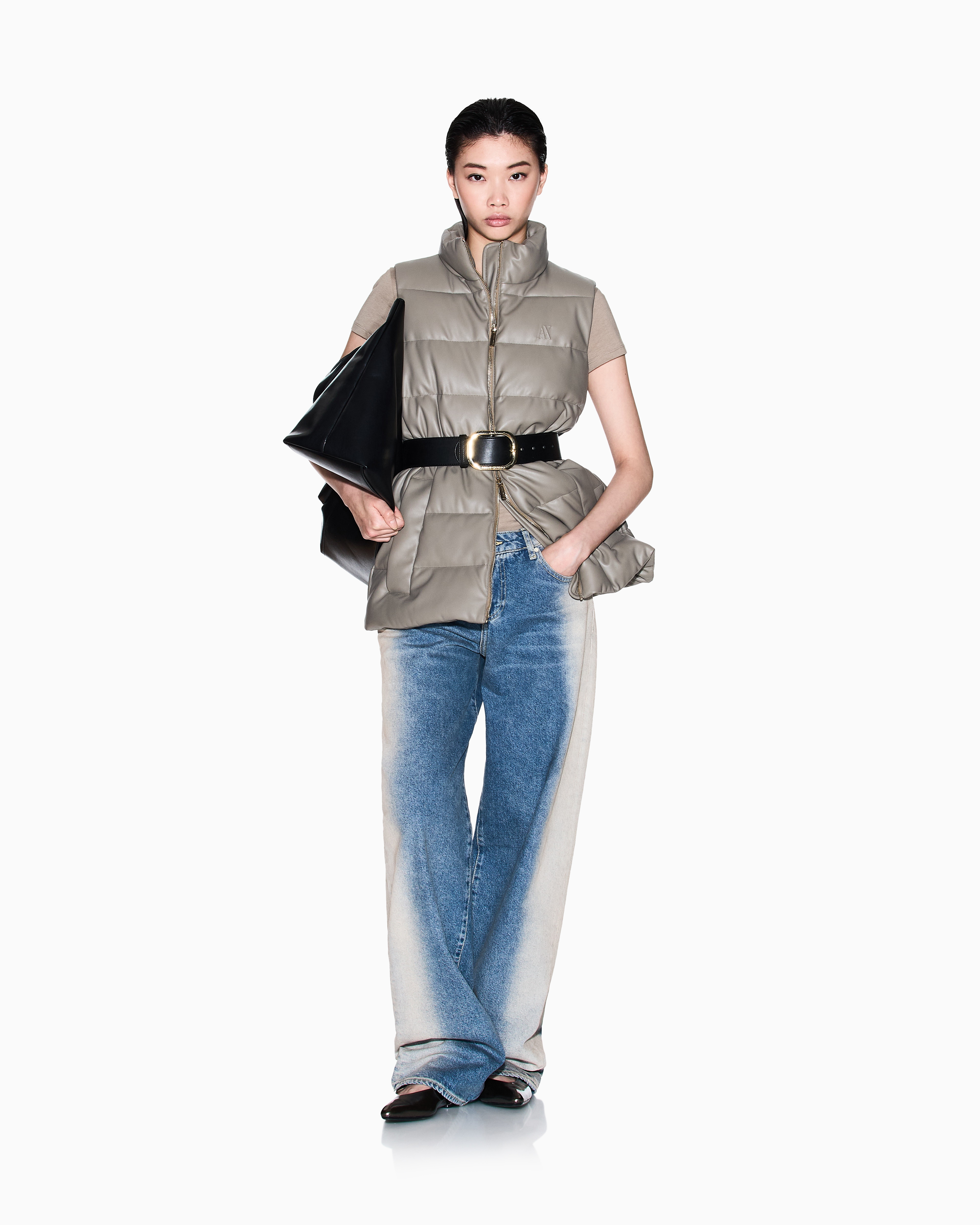 Armani Exchange Padded Sleeveless Jacket With A Coated Effect In Brown
