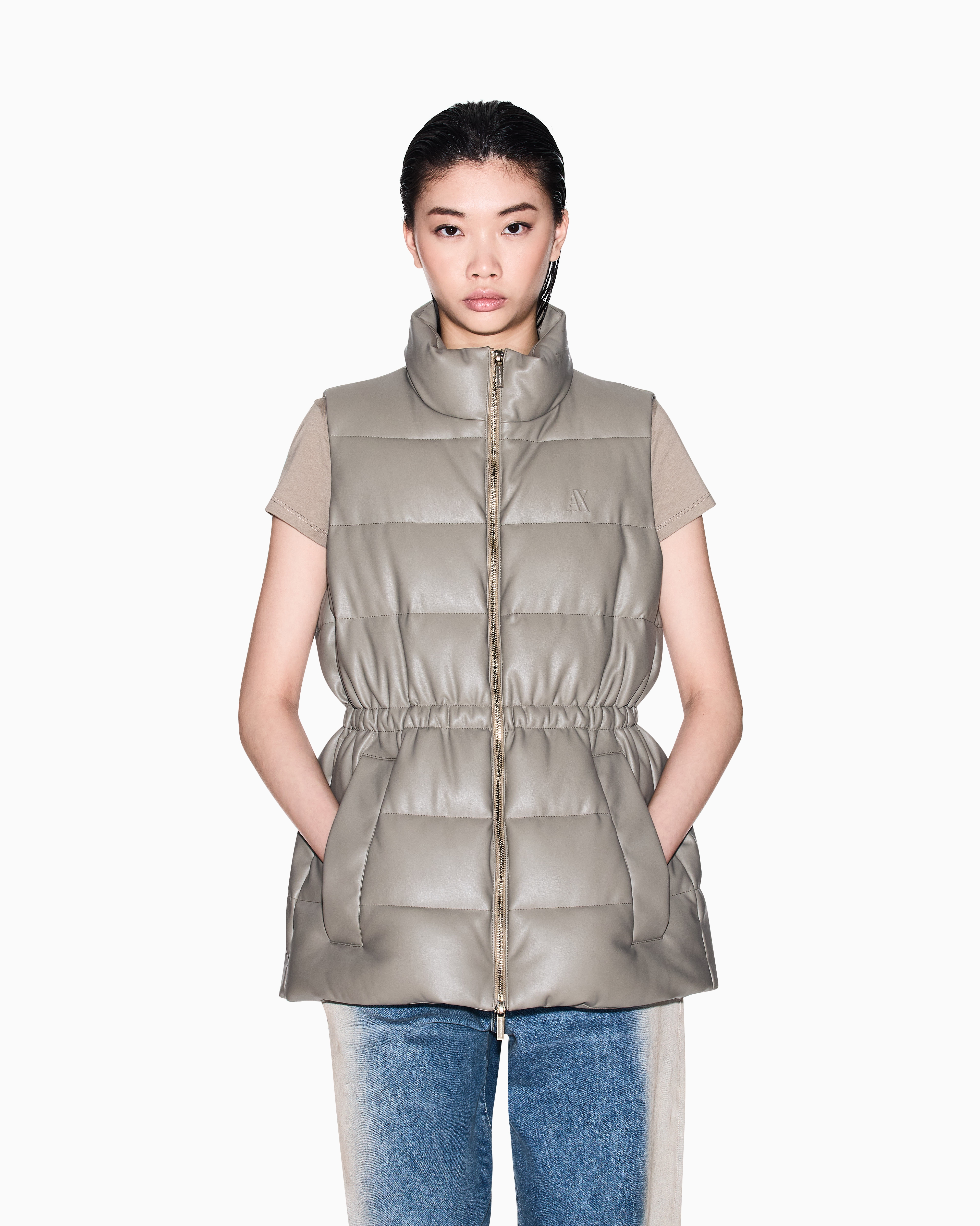 Armani Exchange Padded Sleeveless Jacket With A Coated Effect In Brown