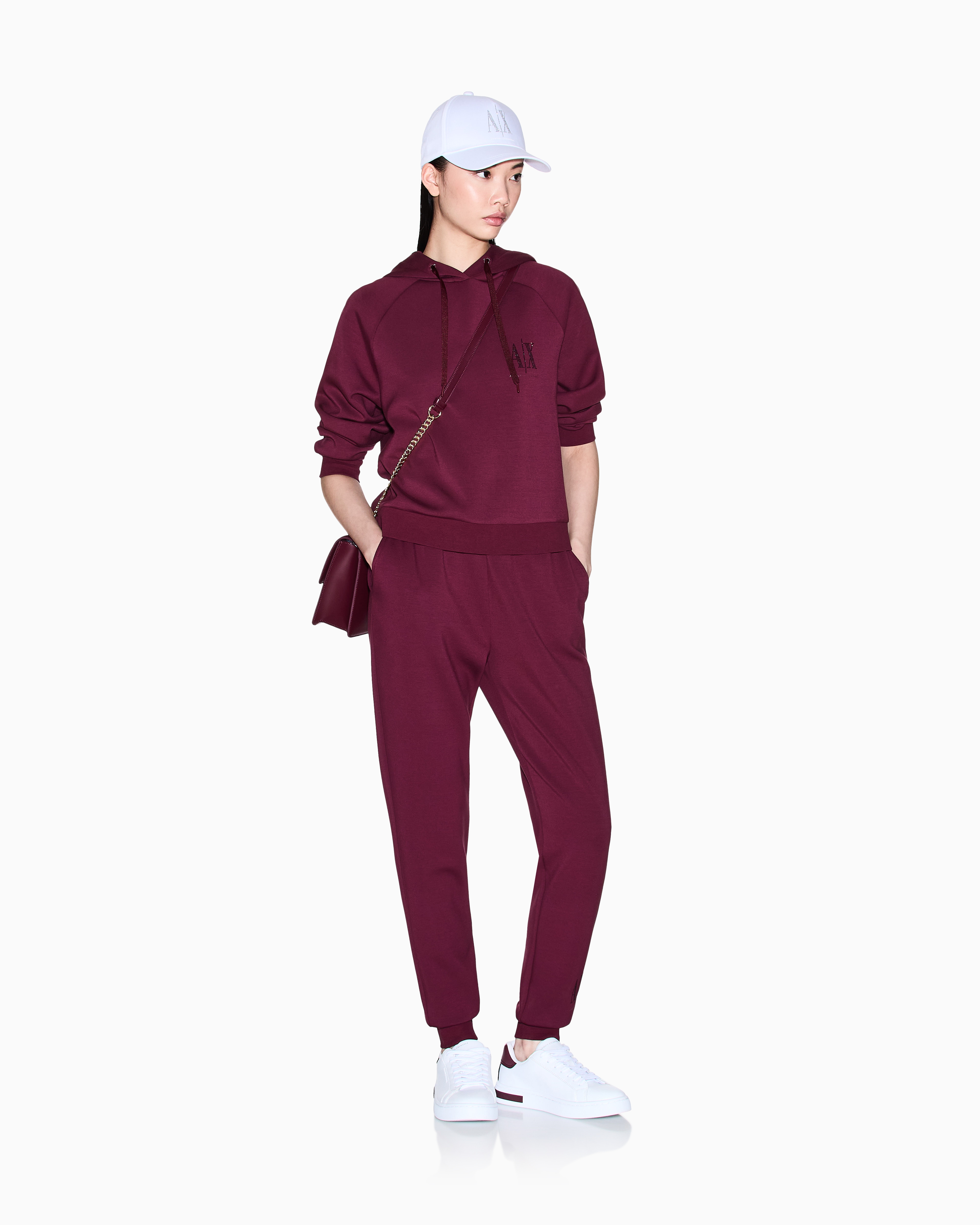 Armani Exchange - Glitter Logo Hoodie, Woman, Burgundy, Size: