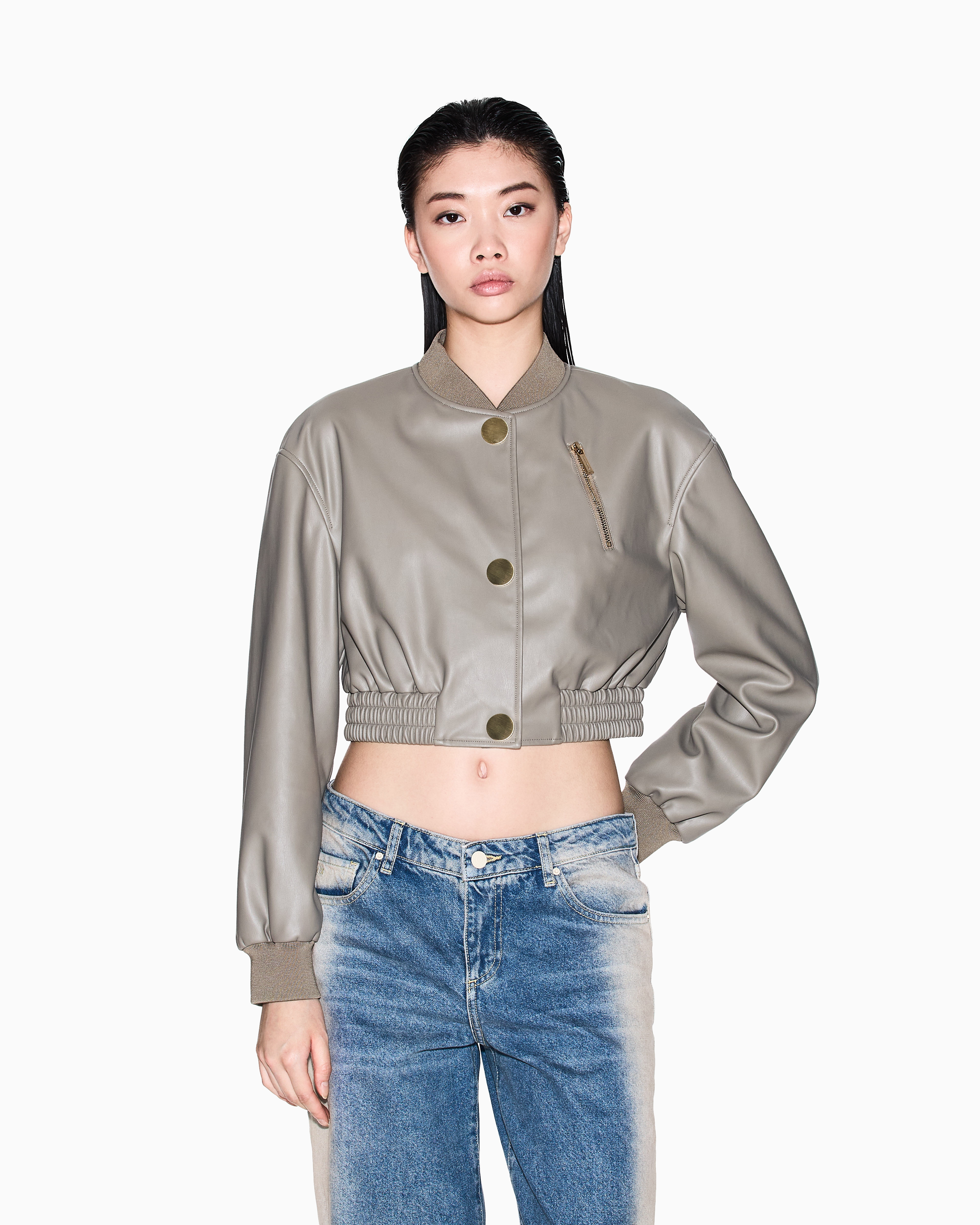 Armani Exchange Short Faux Leather Jacket In Neutral