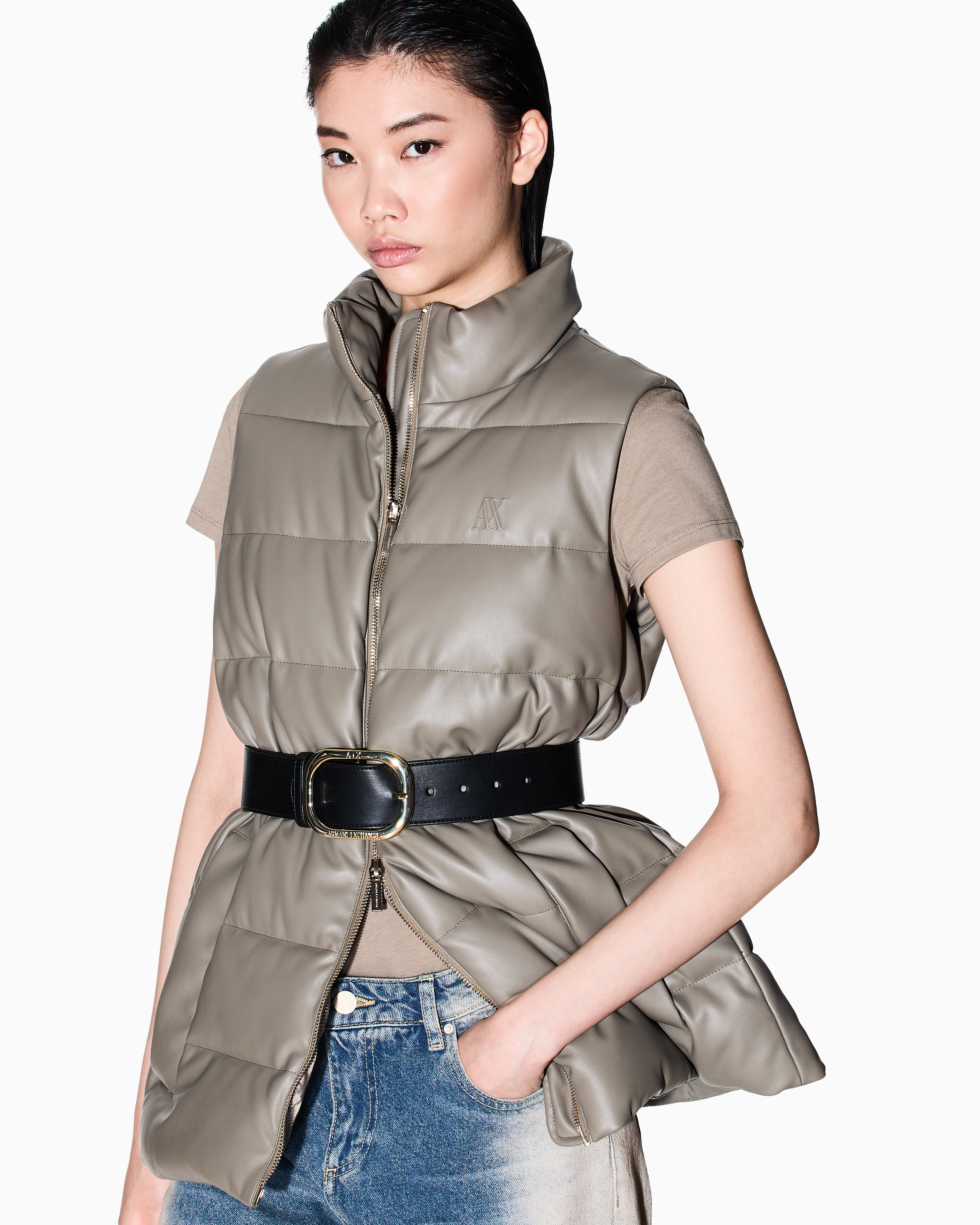 Armani Exchange Padded Sleeveless Jacket With A Coated Effect In Brown