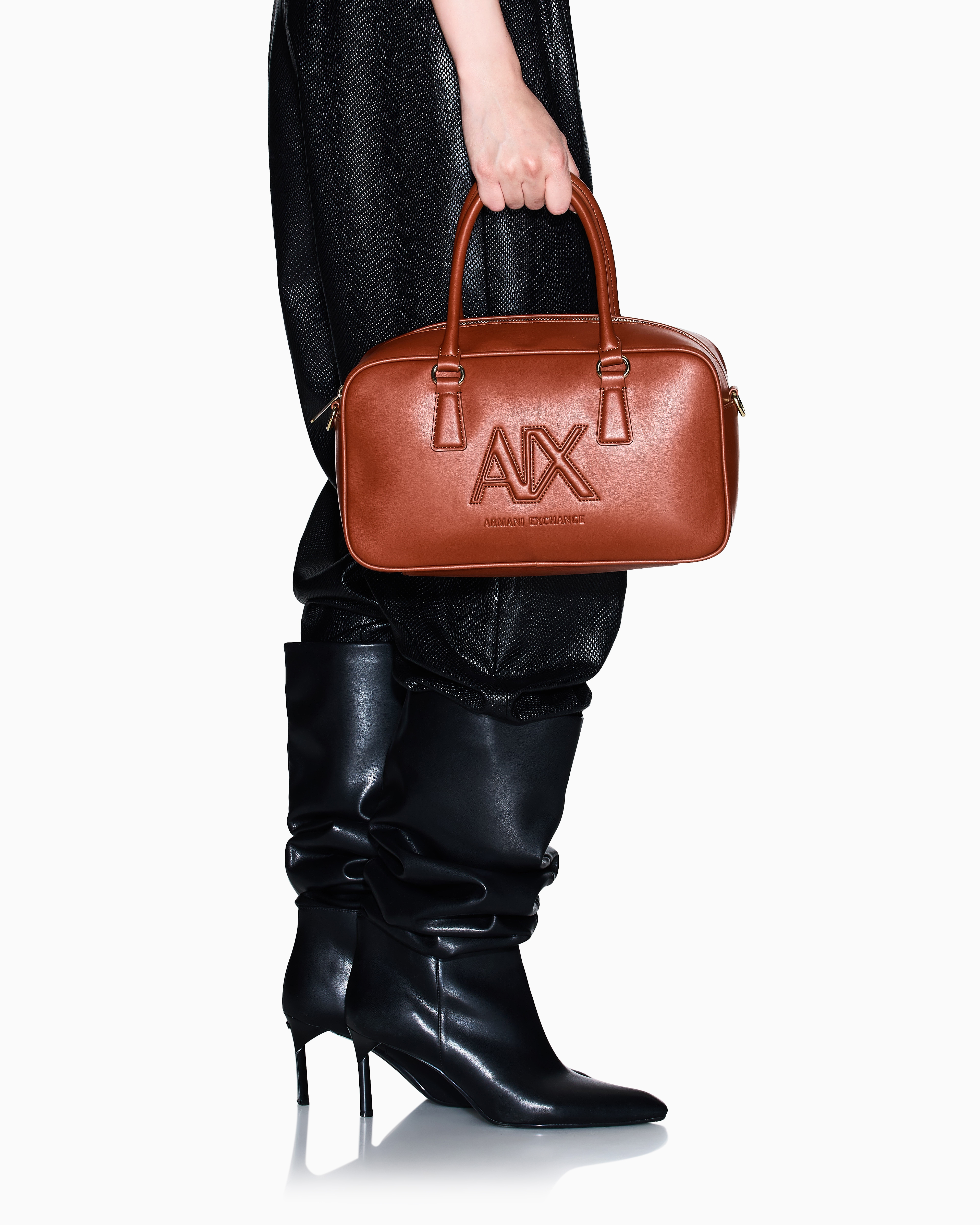 Armani Exchange - TOP HANDLE SHOULDER BAG WITH EMBOSSED LOGO, Woman, Camel, Size: TU
