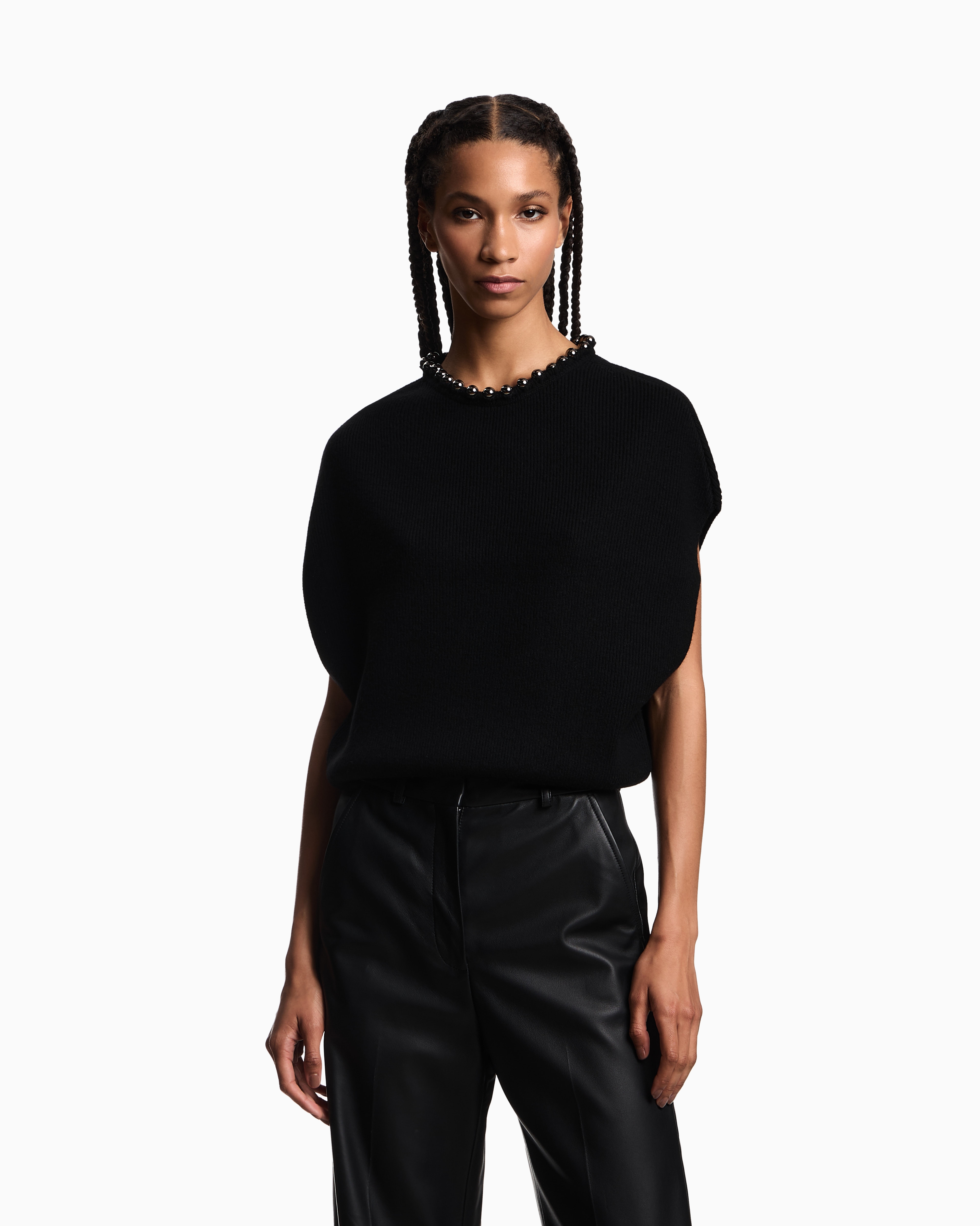 Emporio Armani Virgin Wool And Cashmere Top With Oversized Metal Spheres In Black