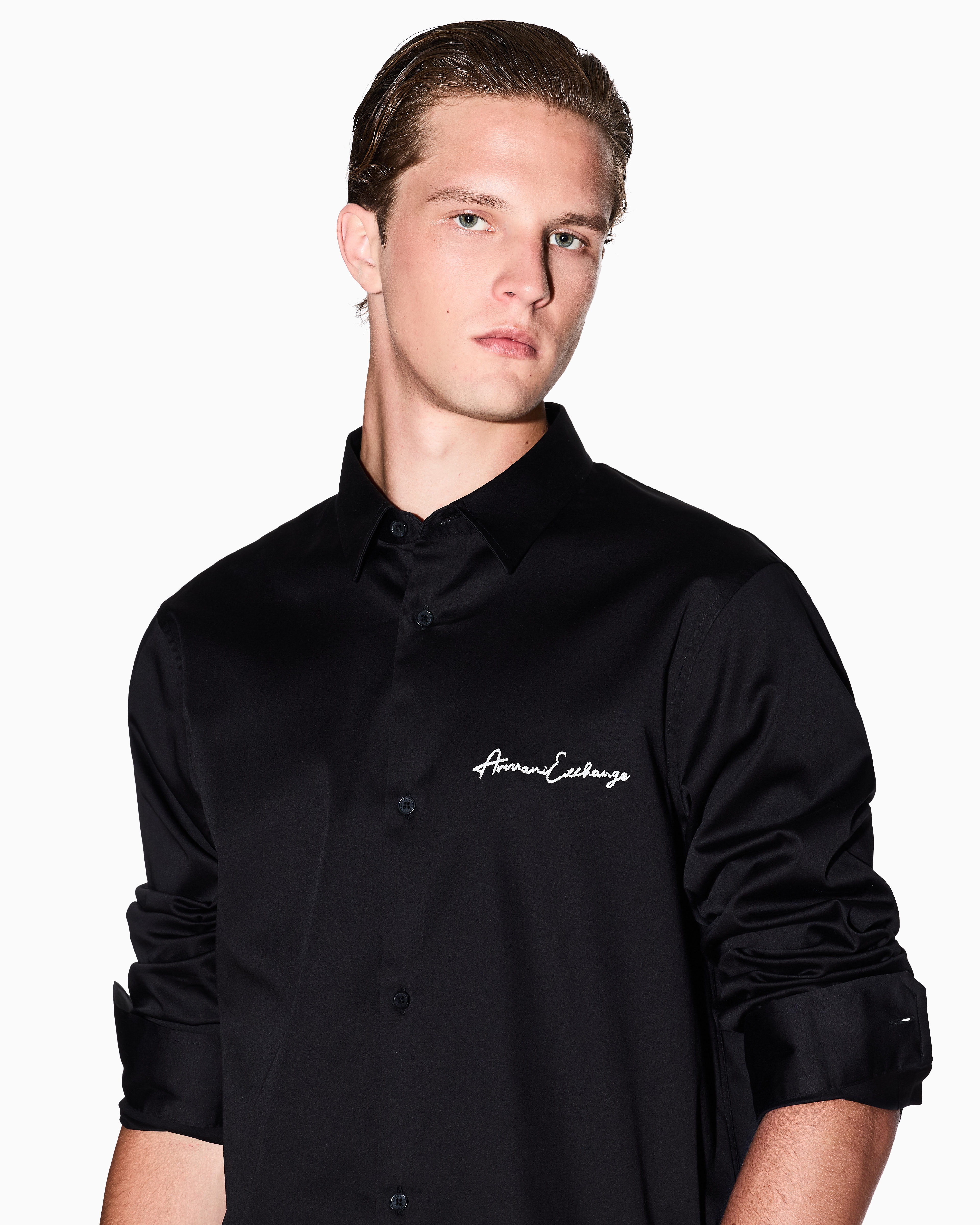 Armani Exchange - Regular fit shirt with embroidered logo, Man, Black, Size: