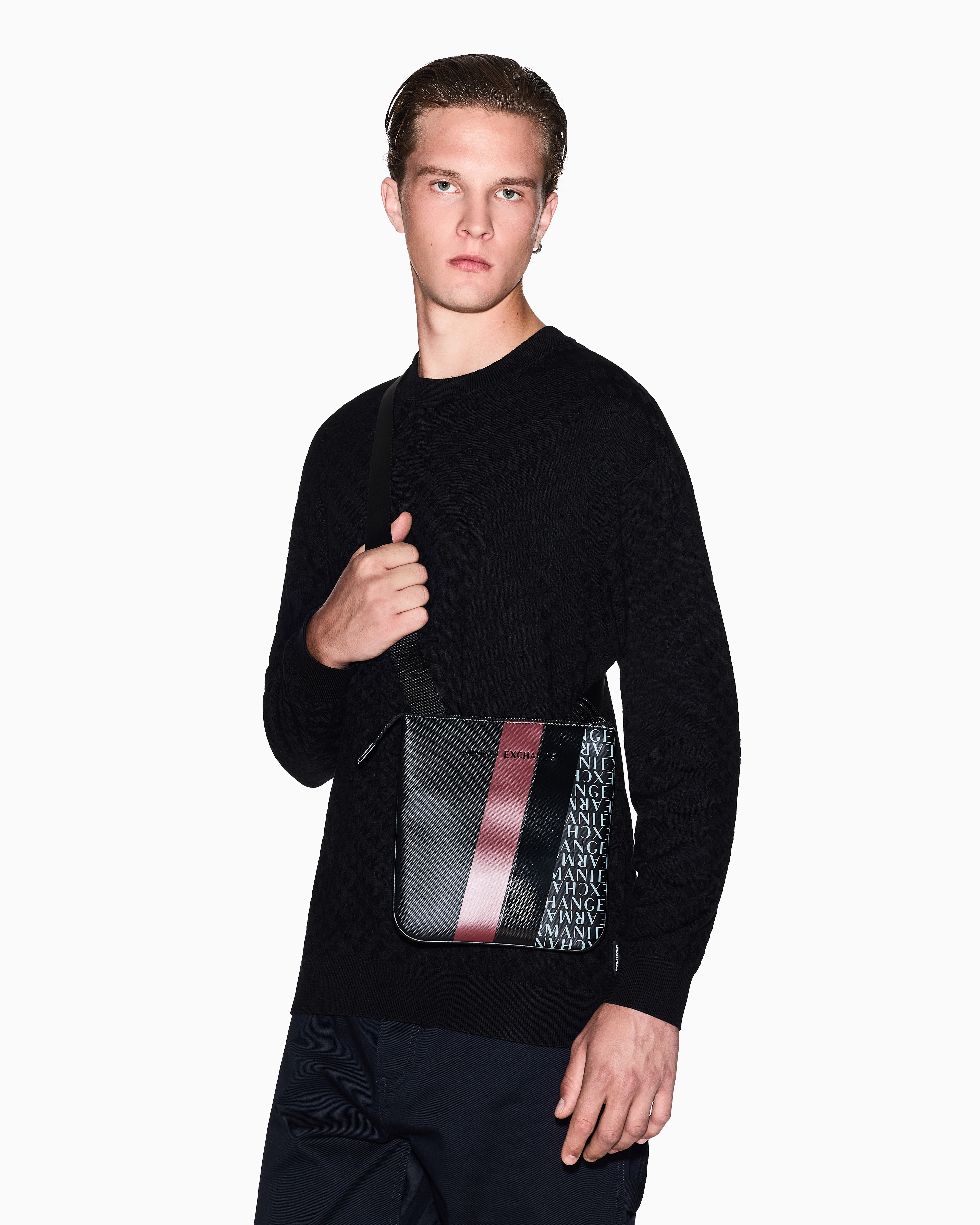 Armani Exchange - Monogram and Stripe Flat Shoulder Bag, Man, Black, Size: TU