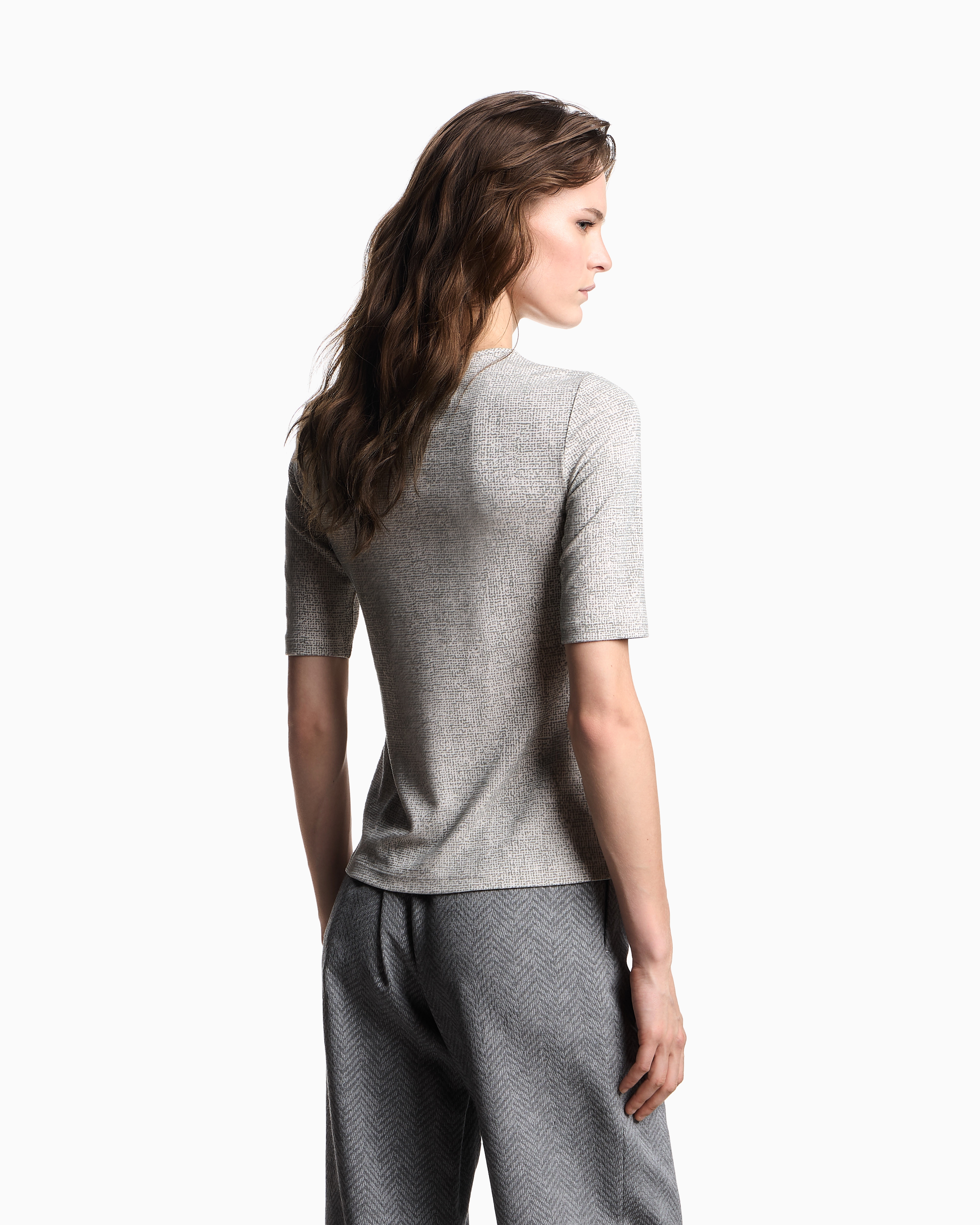 Emporio Armani - Icon crêpe-look interlock jersey T-shirt with flocked pattern, Woman, Grey, Size:
