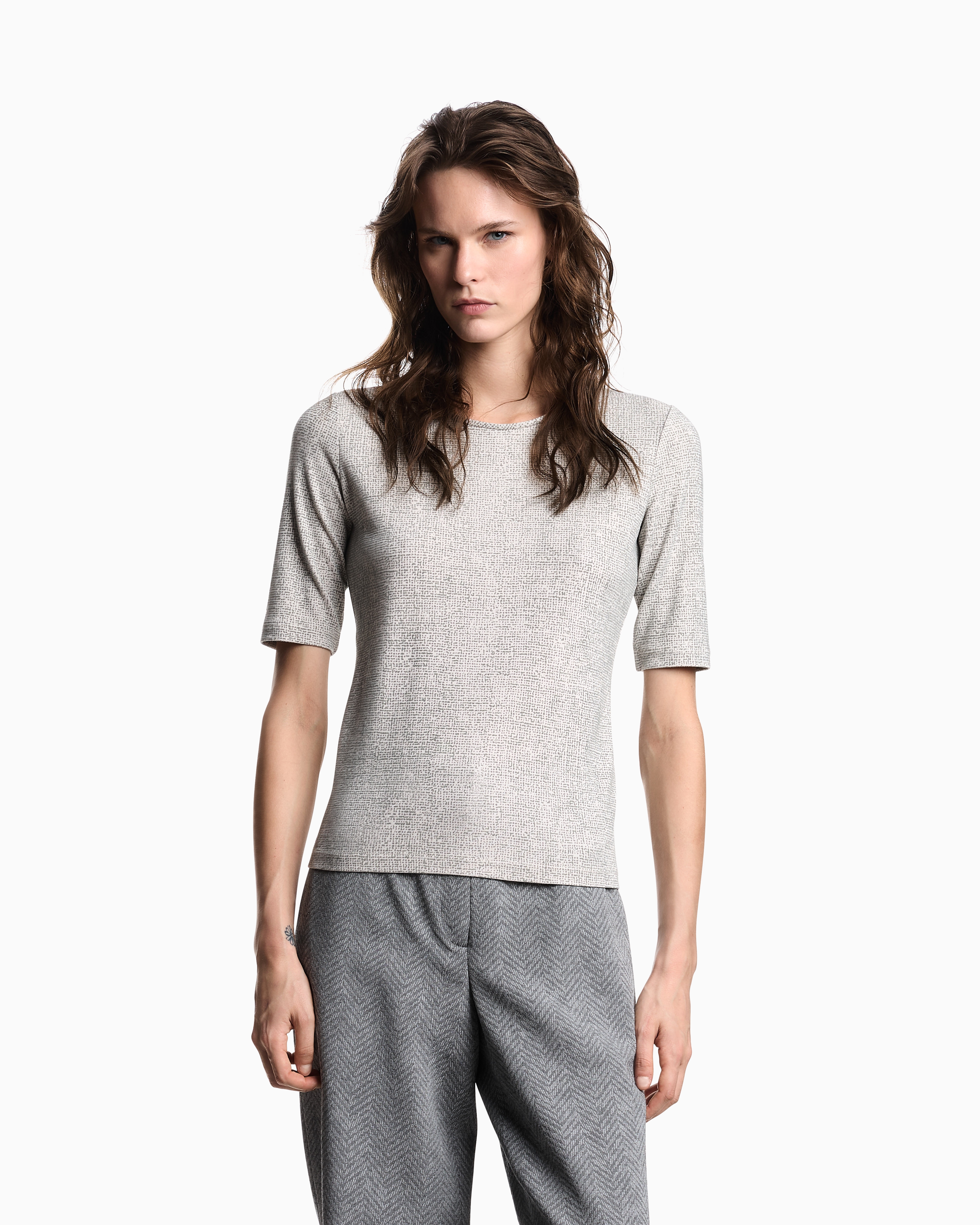 Emporio Armani - Icon crêpe-look interlock jersey T-shirt with flocked pattern, Woman, Grey, Size: