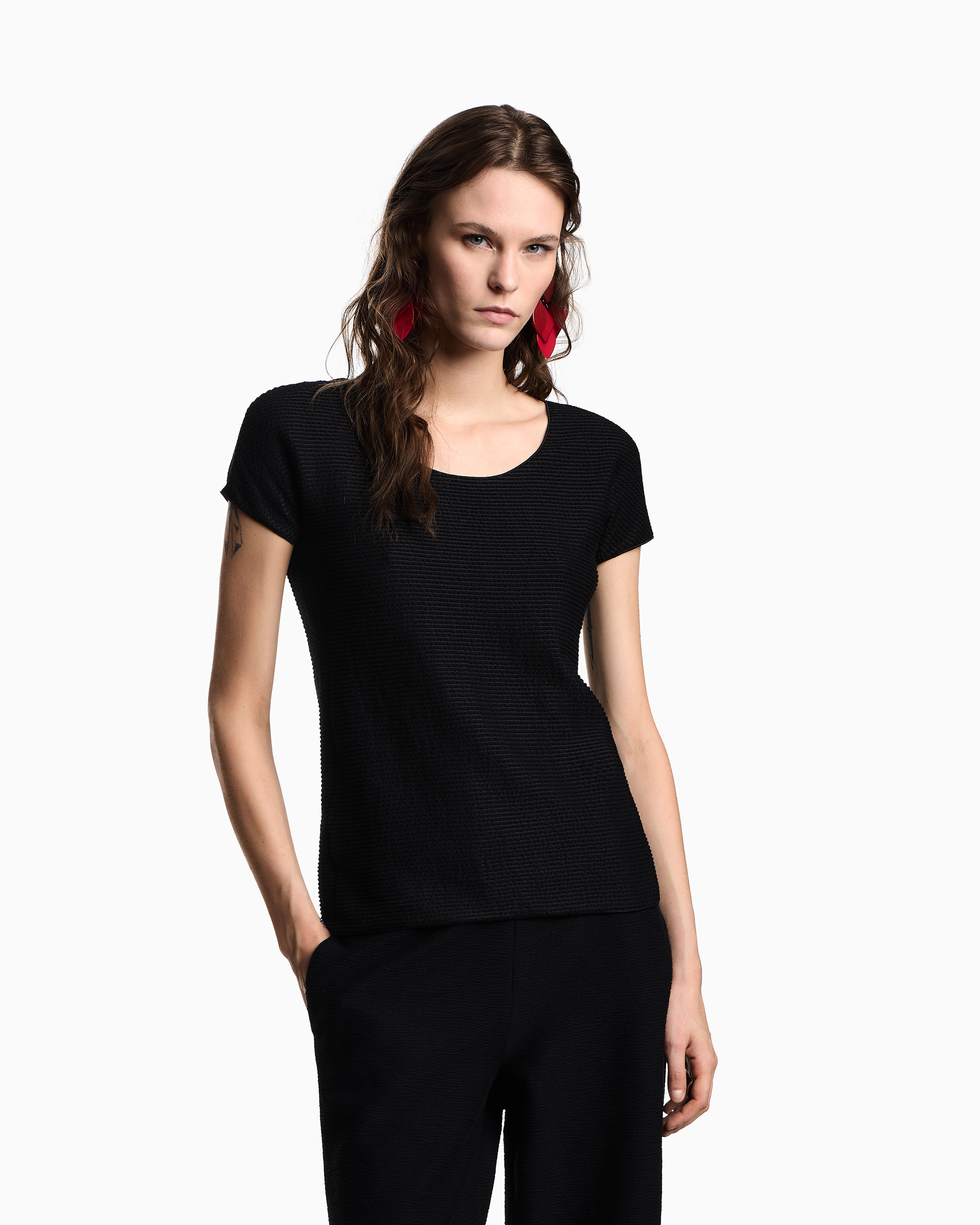 【即発】EMPORIO ARMANI Tシャツ 上下 EM000400 AF10772 UC001 T-SHIRT IN JERSEY MISTO LYOCELL CON PATCH AQUILA E STRASS