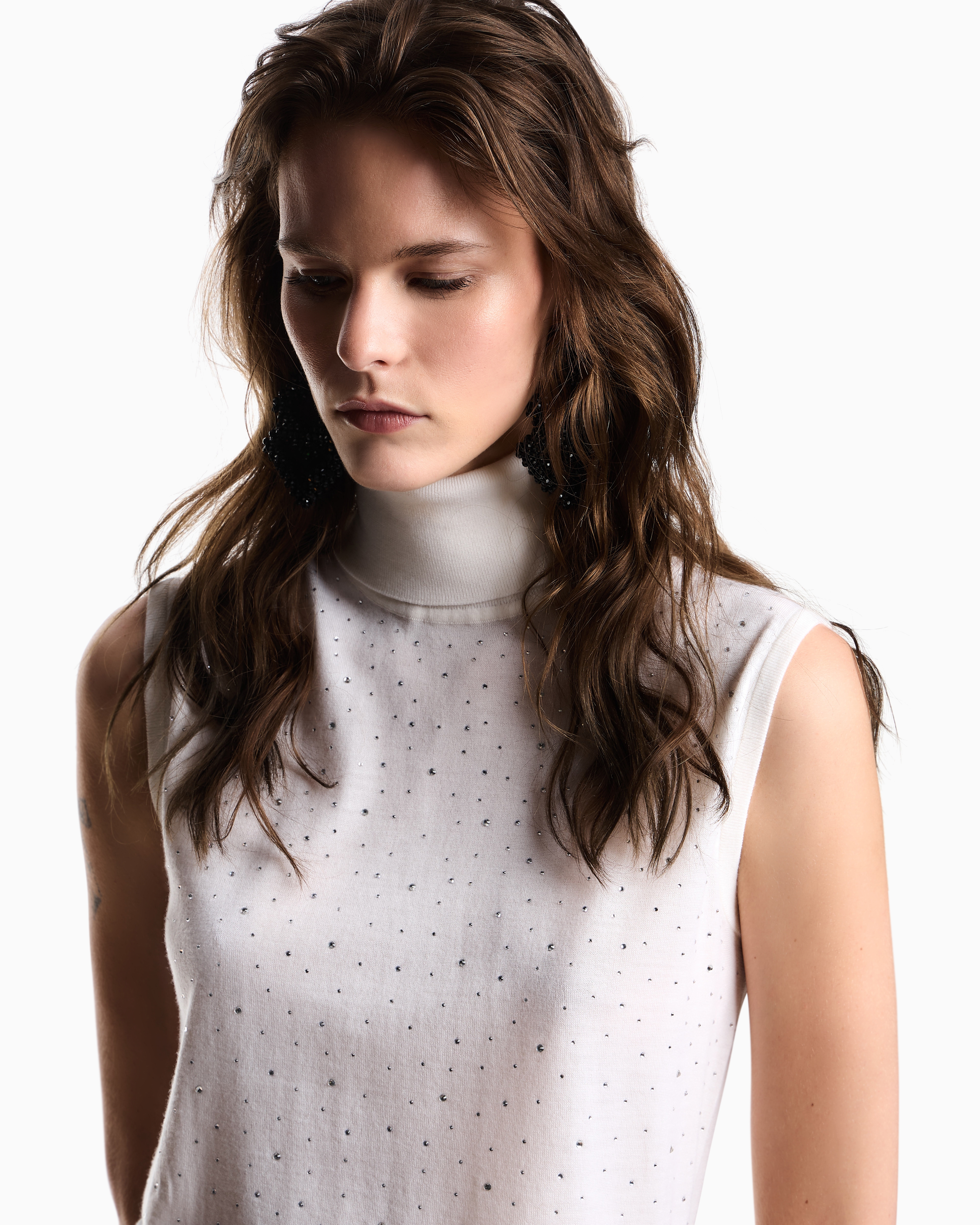 Emporio Armani - Plain-knit virgin wool rollneck top with micro rhinestones, Woman, White, Size: