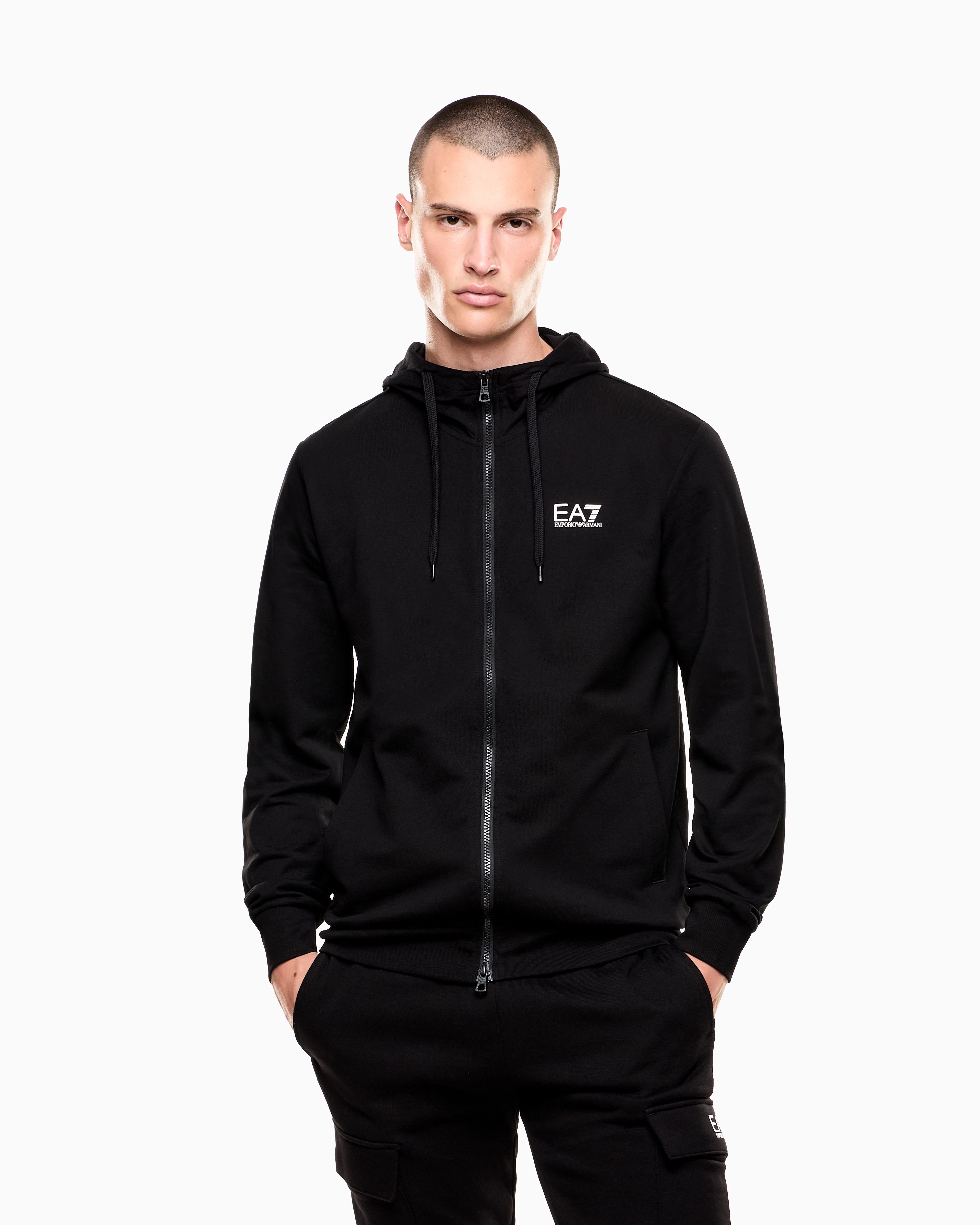 Ea7 Core Identity Cotton Hooded Sweatshirt In Black