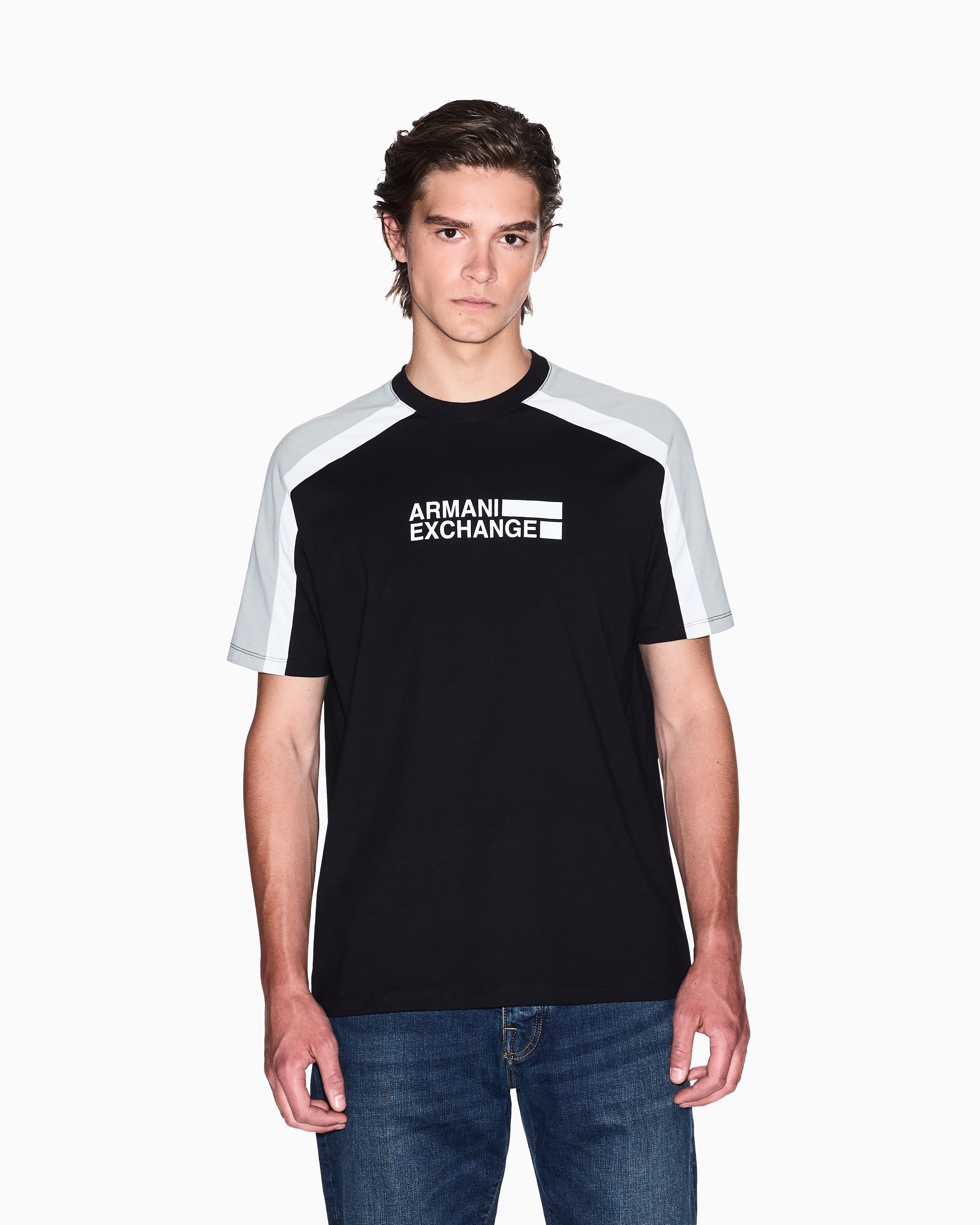 Armani Exchange - Short-sleeved sweatshirt with contrasting stripes, Man, Black, Size: