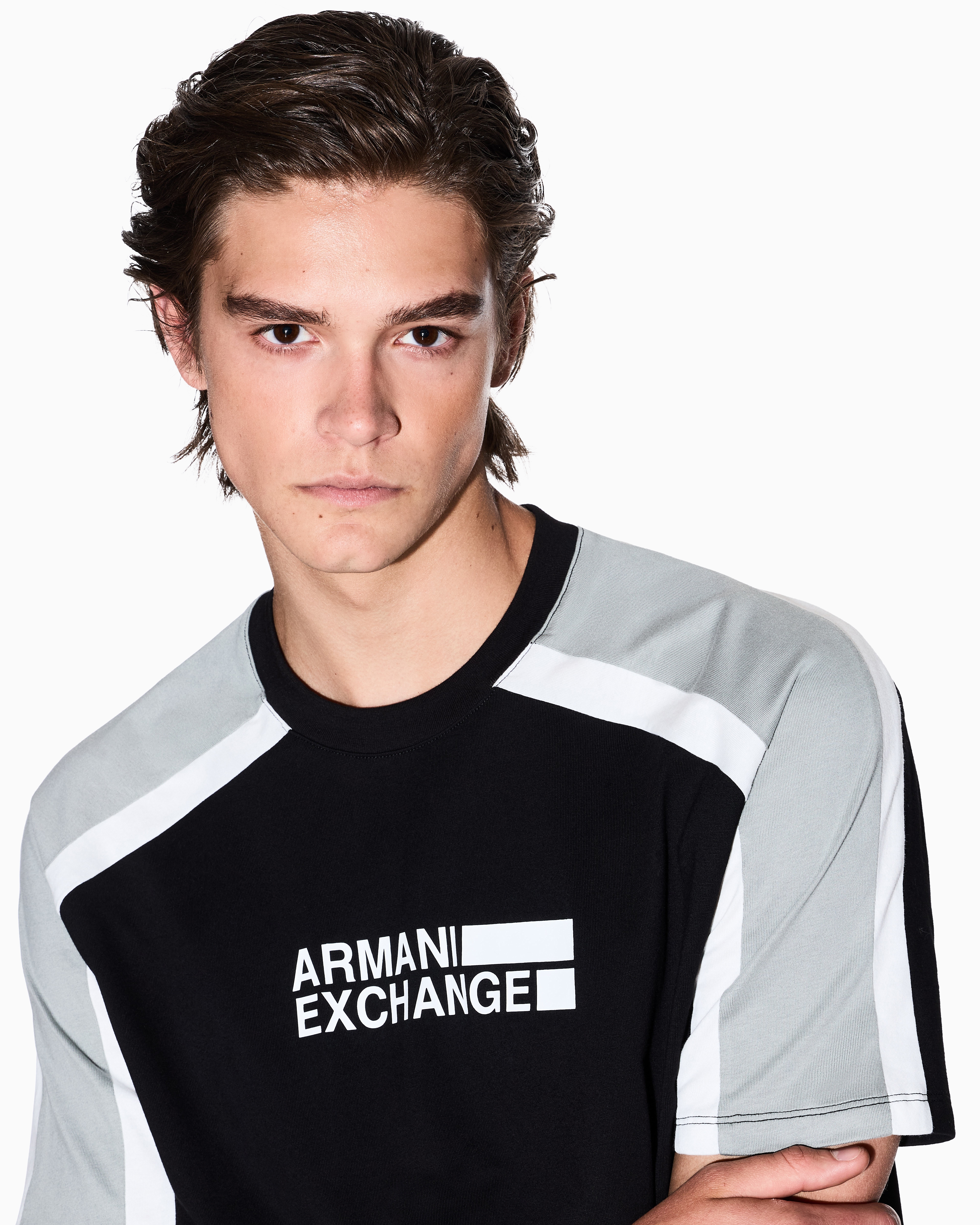 Armani Exchange - Short-sleeved sweatshirt with contrasting stripes, Man, Black, Size: