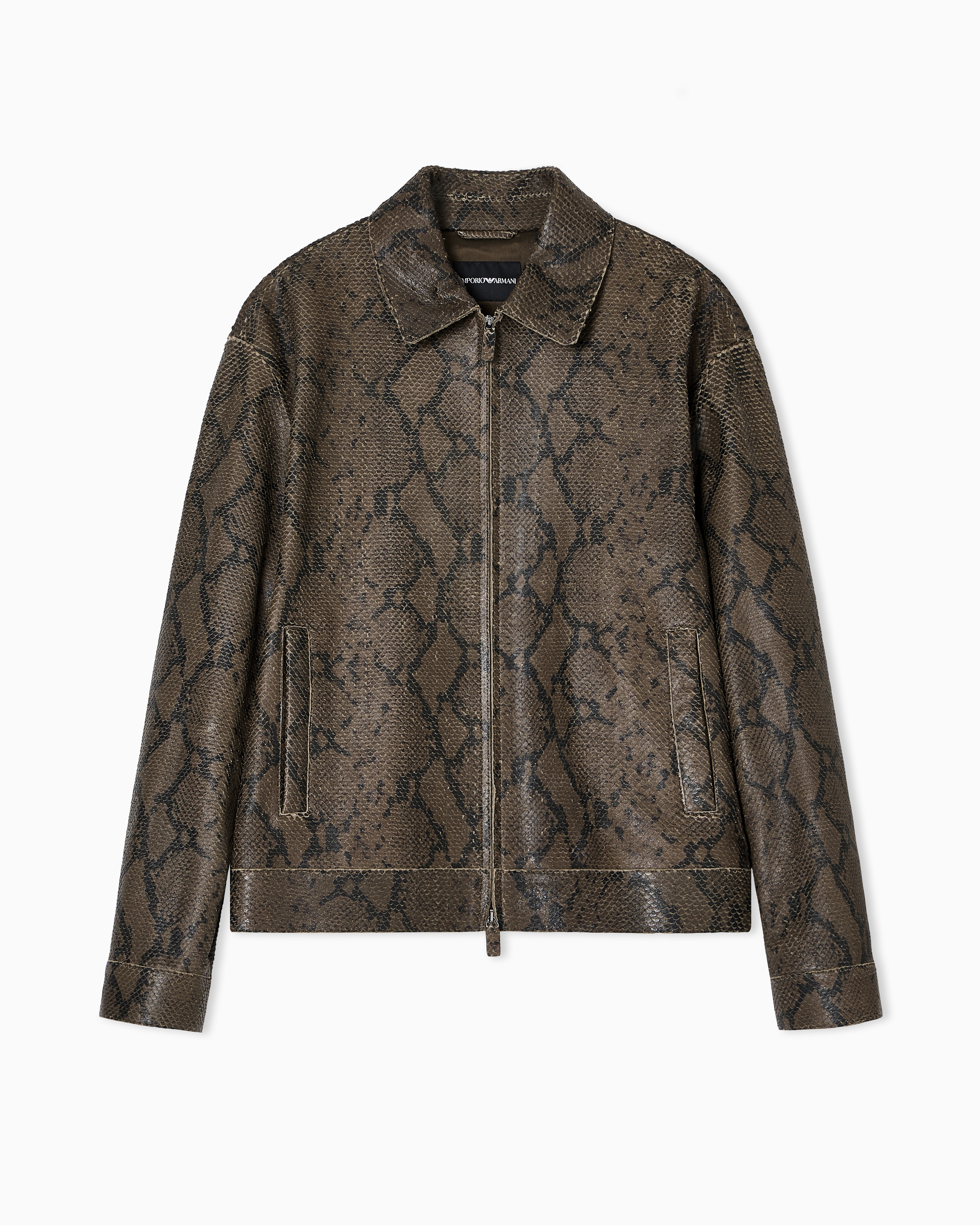 Emporio Armani Lambskin Nappa Leather Blouson In A Python Print In Brown