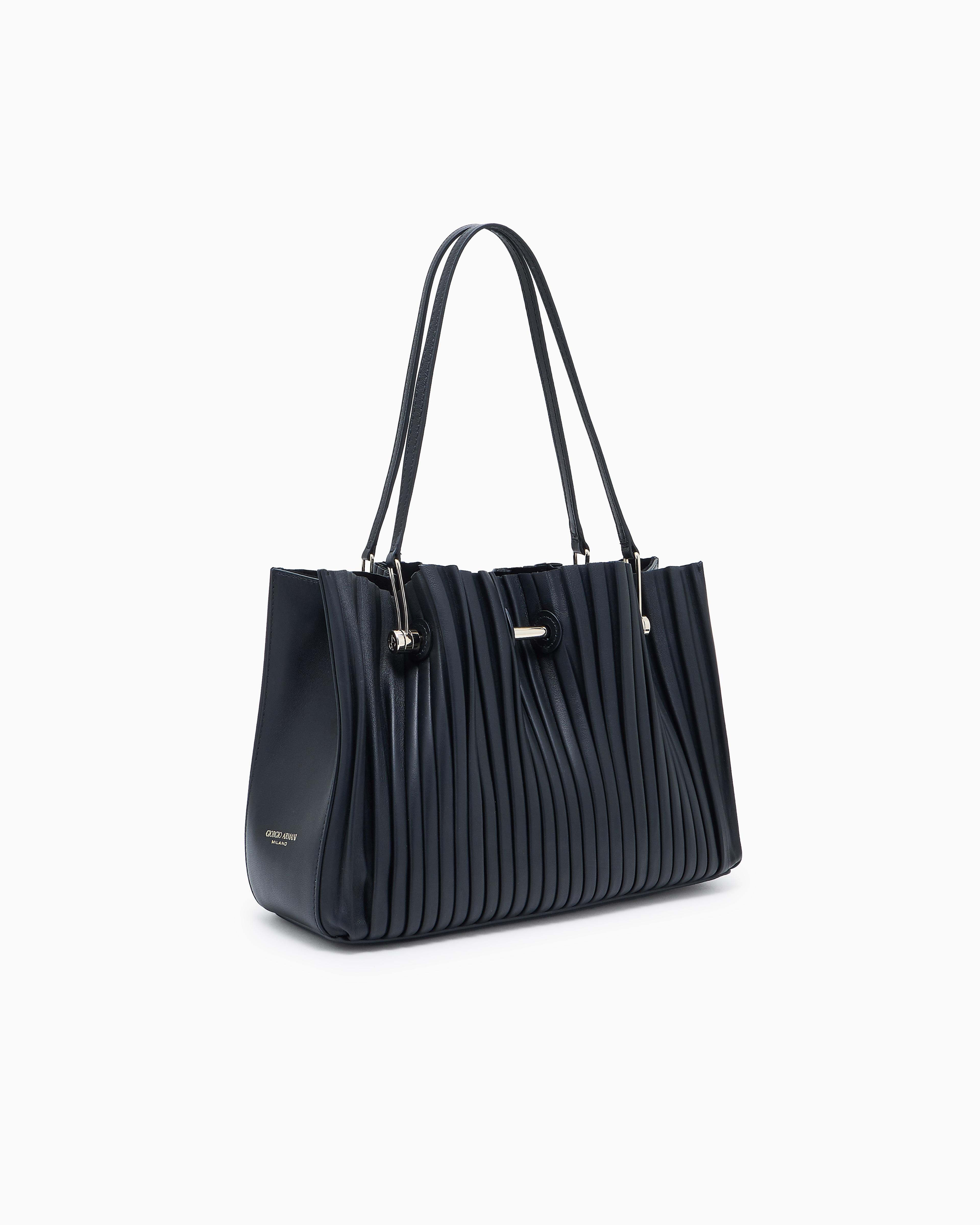 Giorgio Armani Small Shopper Bag In Pleated Nappa Leather In Black