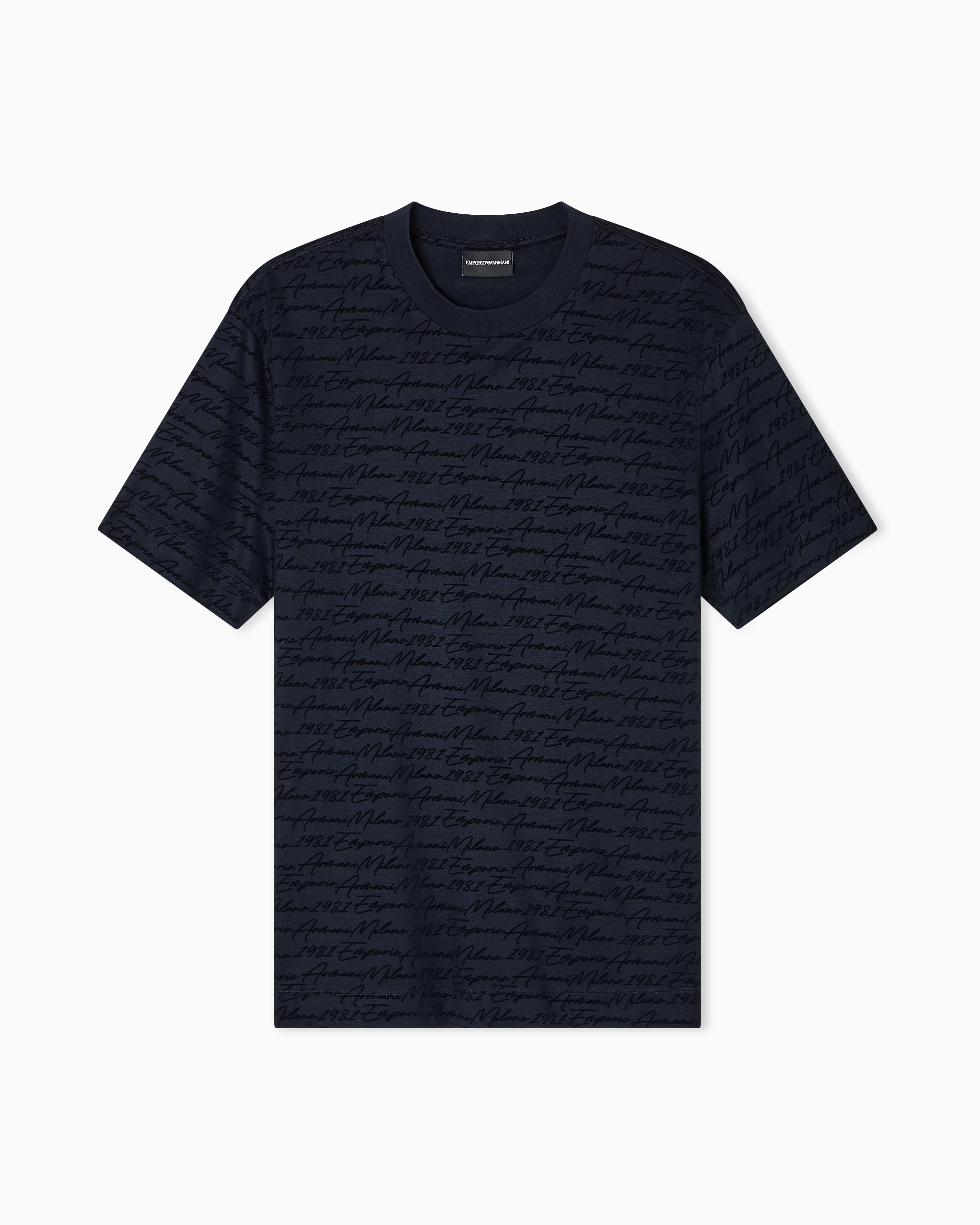 Emporio Armani - ASV Lyocell-blend jersey T-shirt with all-over flocked logo, Man, Navy Blue, Size: M