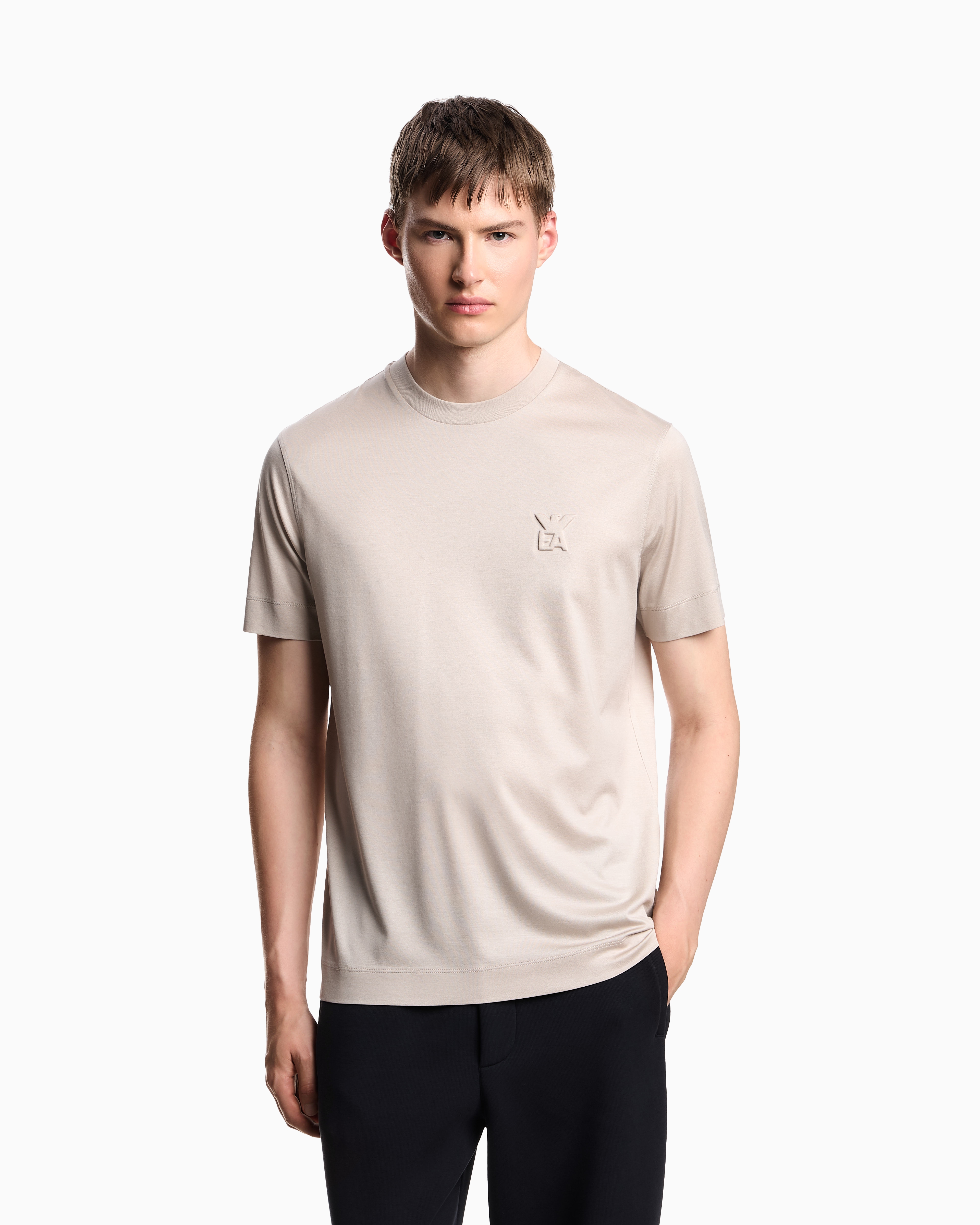 Emporio Armani Asv Lyocell Jersey Blend T-shirt With Domed Logo In Sand