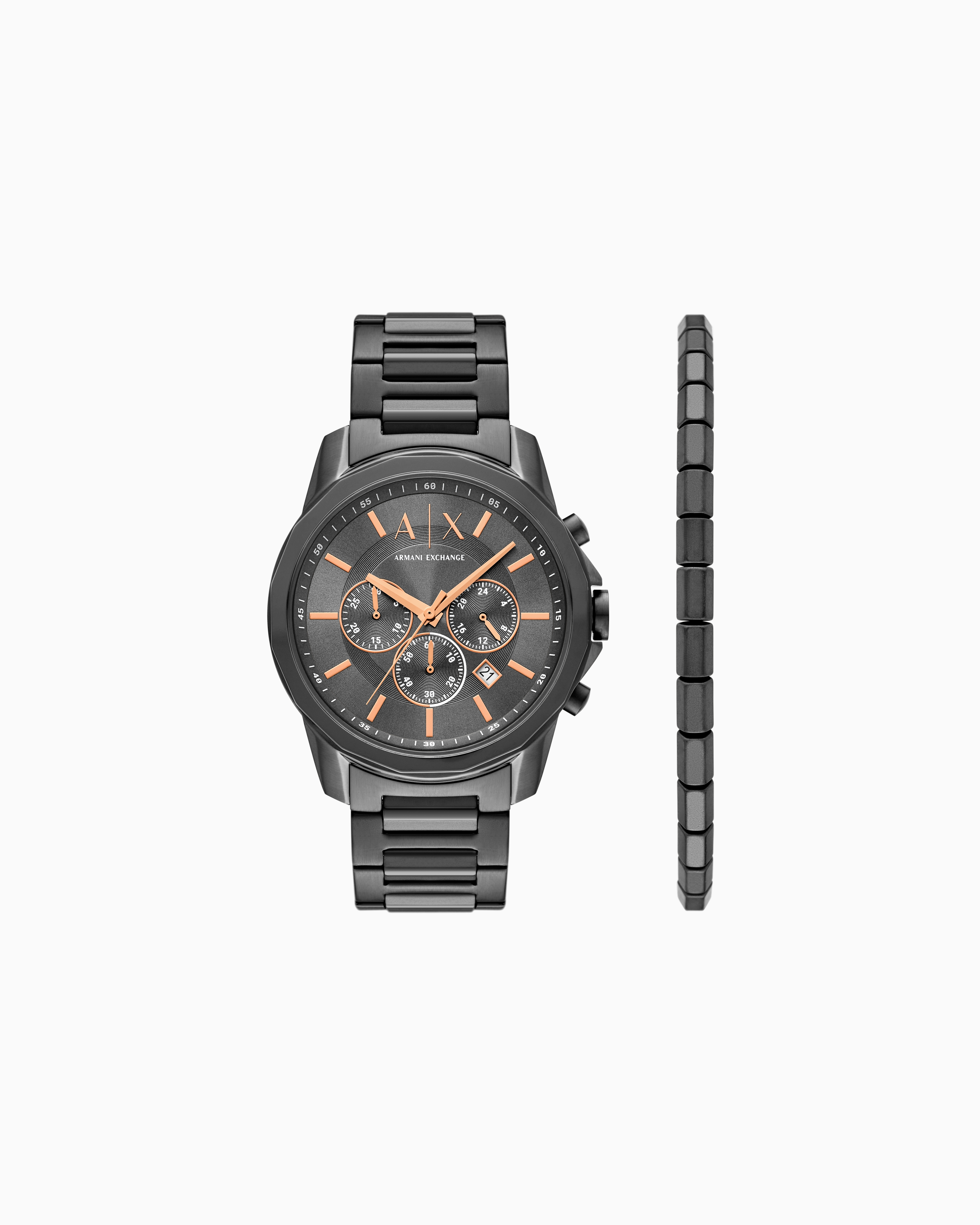 Armani Exchange Chronograph Gunmetal Stainless Steel Watch And Bracelet Gift Set In Black