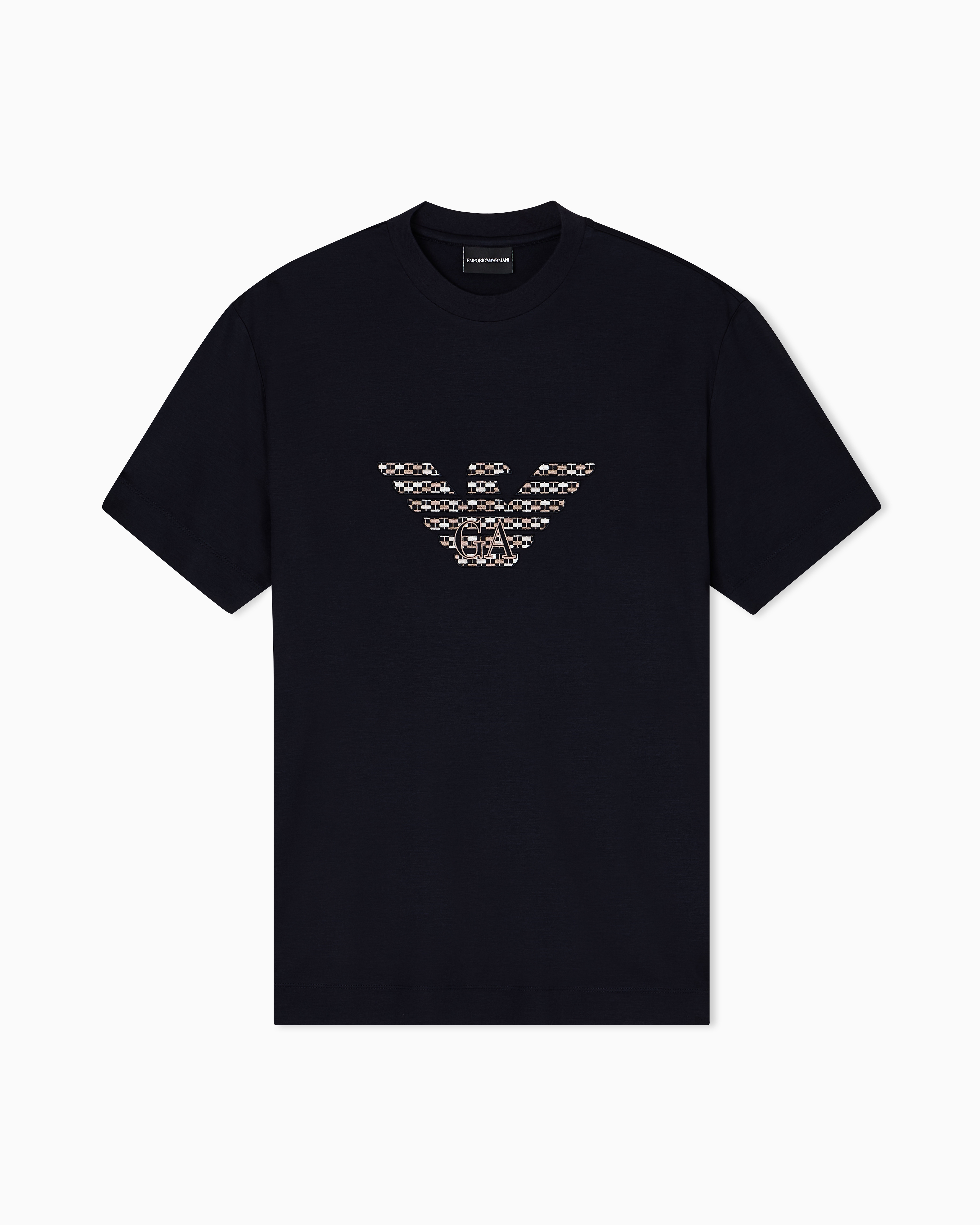 Emporio Armani Asv Lyocell-blend Jersey T-shirt With Oversized Embroidery In Blue