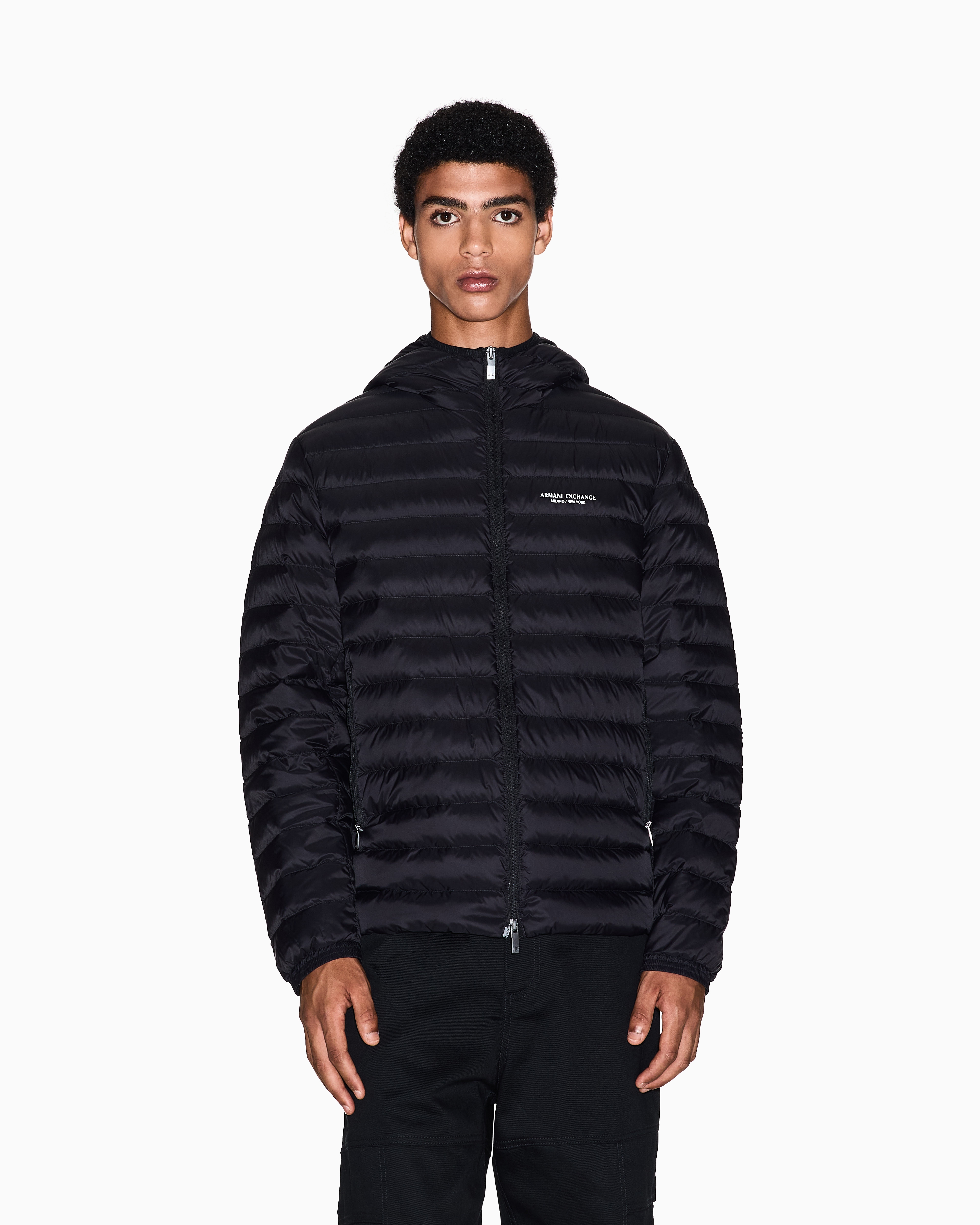 Armani Exchange - Full zip down jacket with hood, Man, Black, Size: