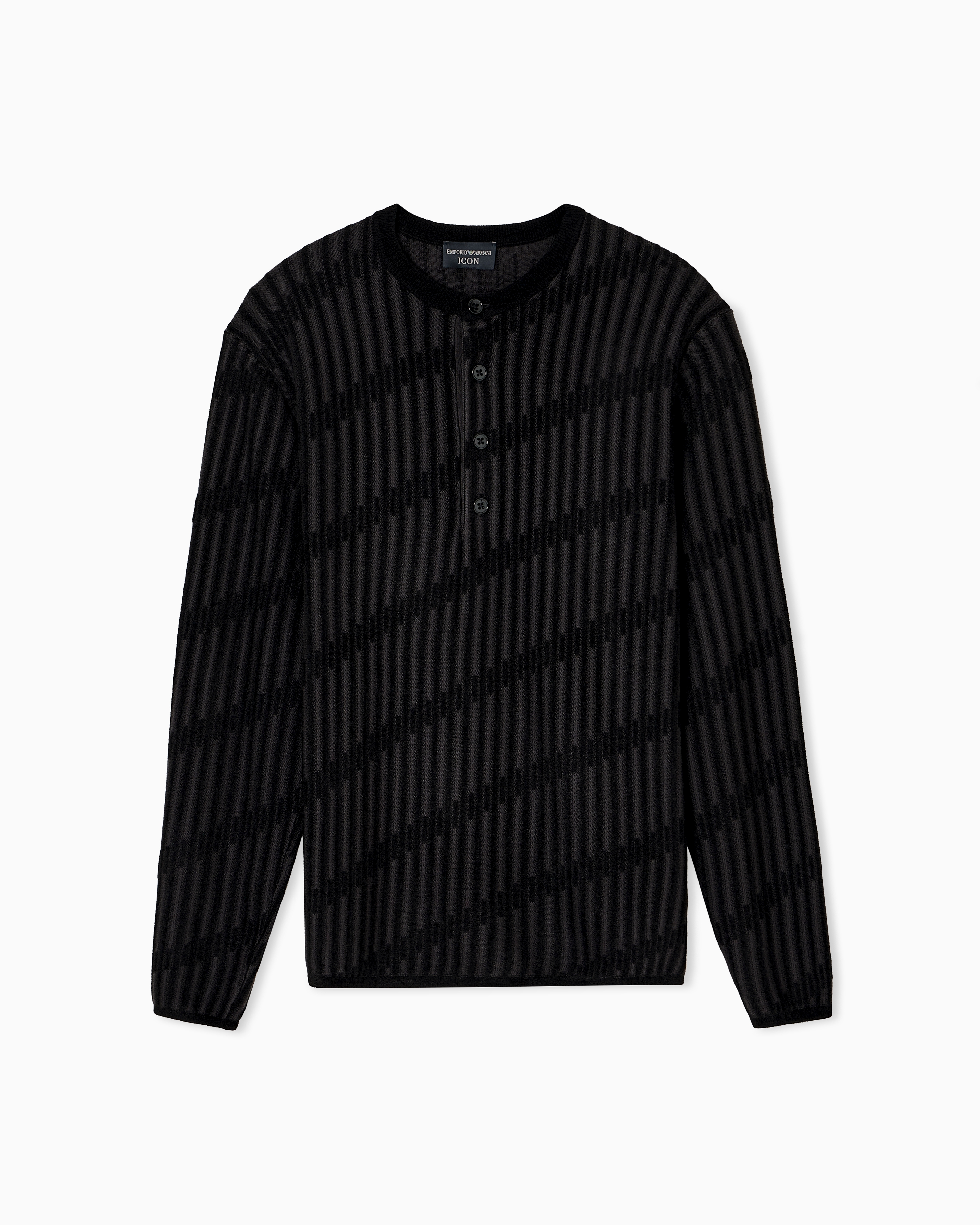 Emporio Armani - Henley collar jumper two-tone jacquard chenille and wool, Man, Black, Size: