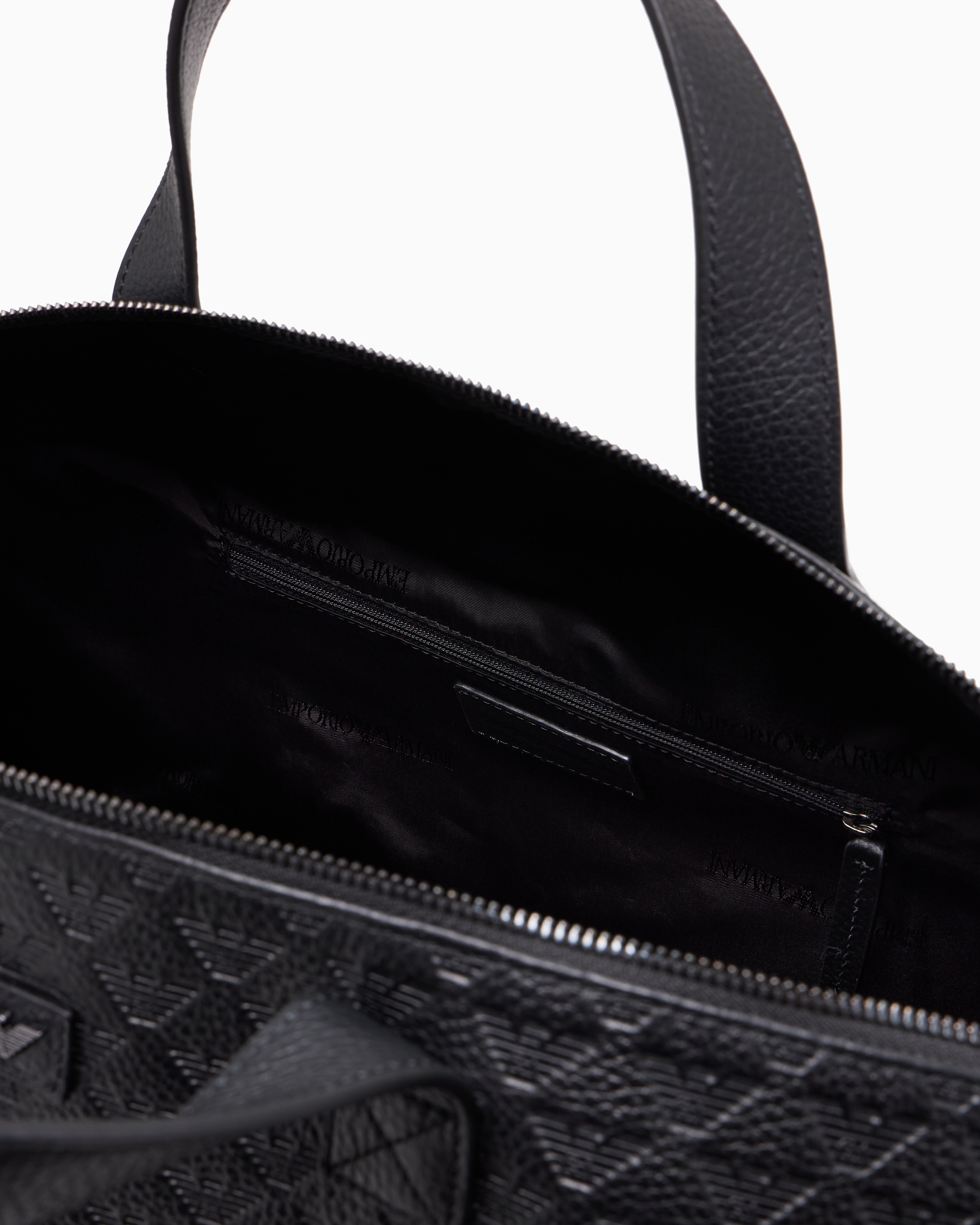 Emporio Armani - Leather duffel bag with all-over embossed eagle , Man, Black, Size: TU