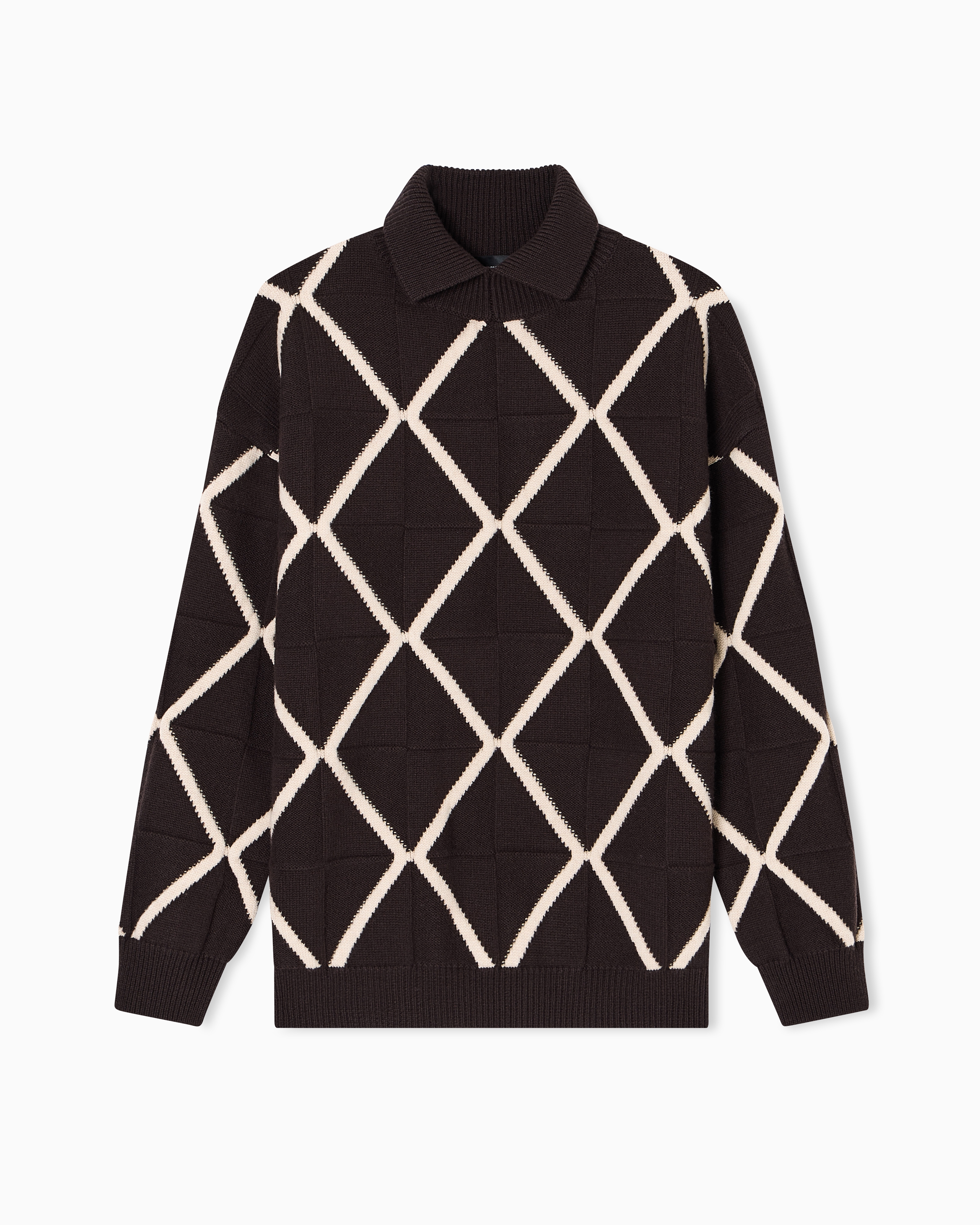 Emporio Armani Jacquard Wool And Cashmere Blend Jumper With A Diamond Motif In Brown
