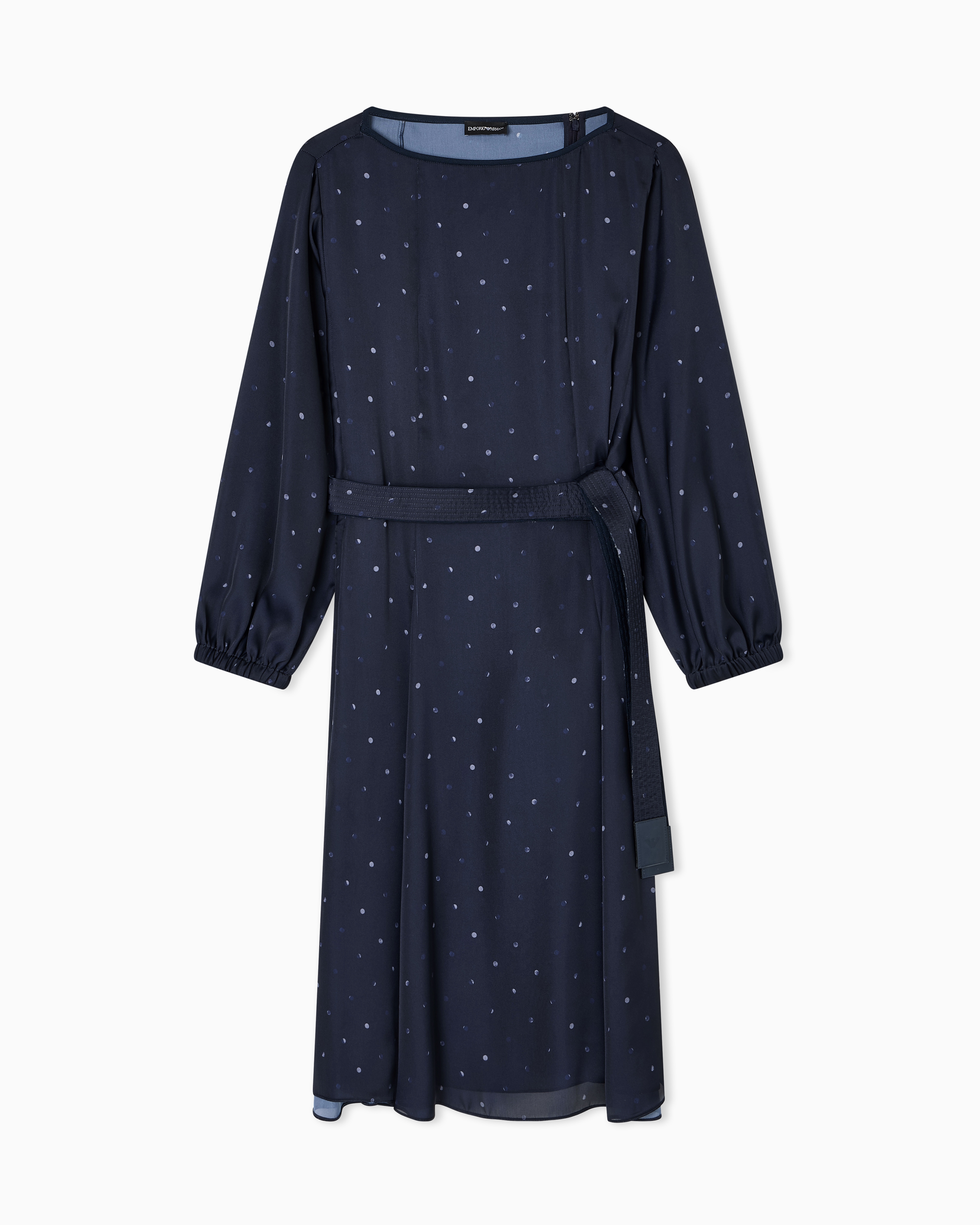 Emporio Armani - Polka-dot print satin dress with belt, Woman, Navy Blue, Size: