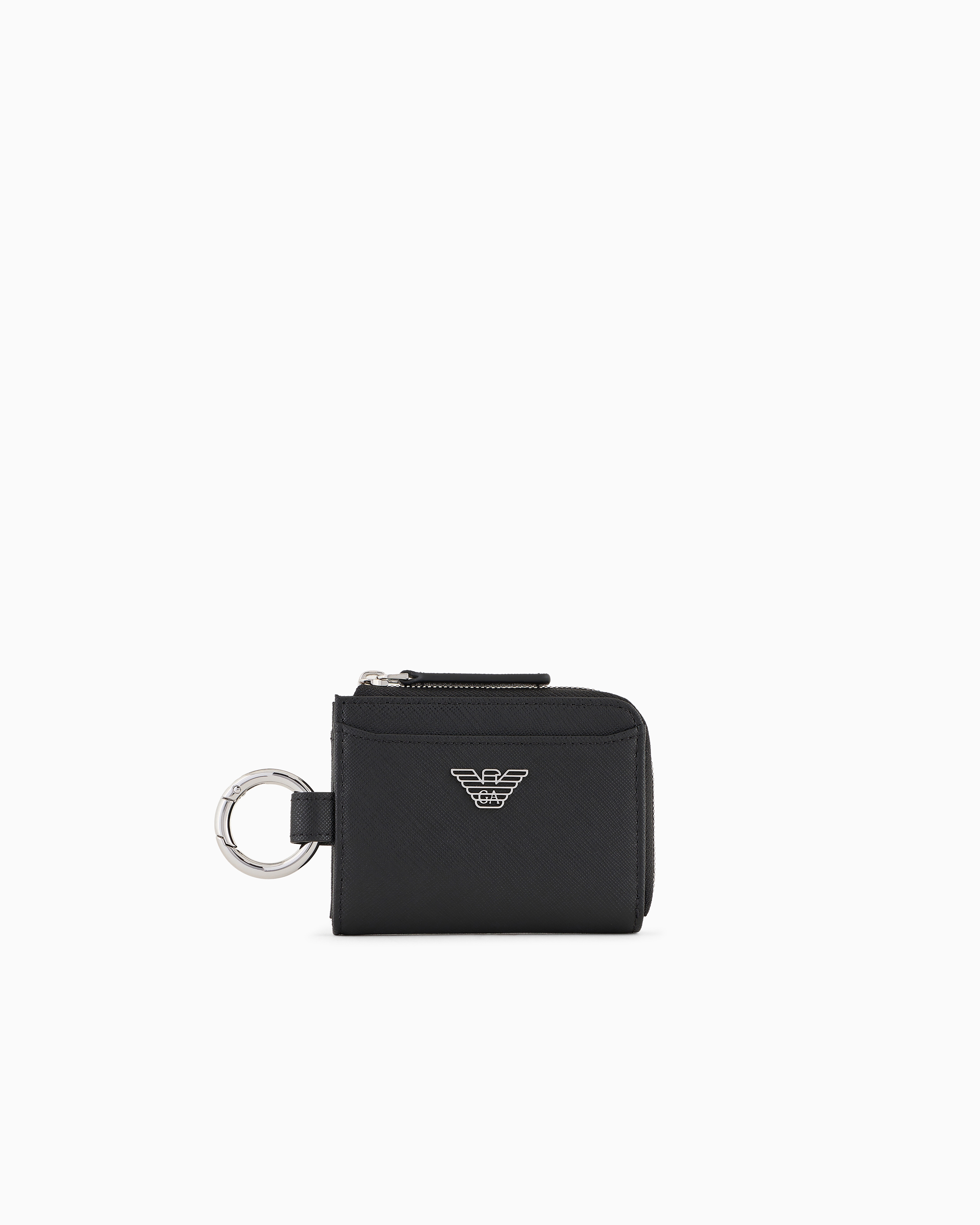 Emporio Armani - ASV regenerated Saffiano leather compact wallet with eagle plate and snap hook, Man, Black, Size: TU