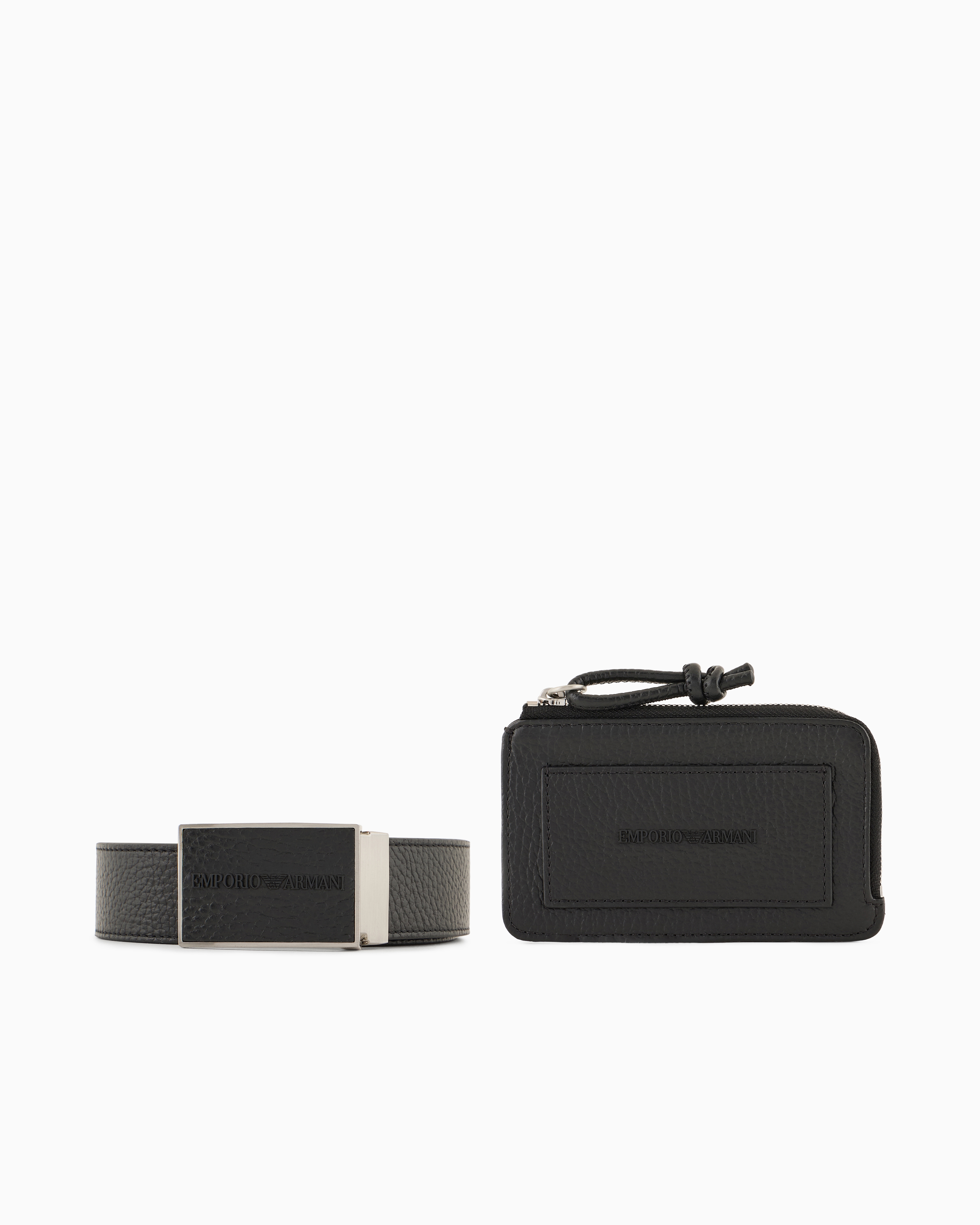 Emporio Armani - Gift box with tumbled-leather belt and card holder, Man, Black, Size: TU