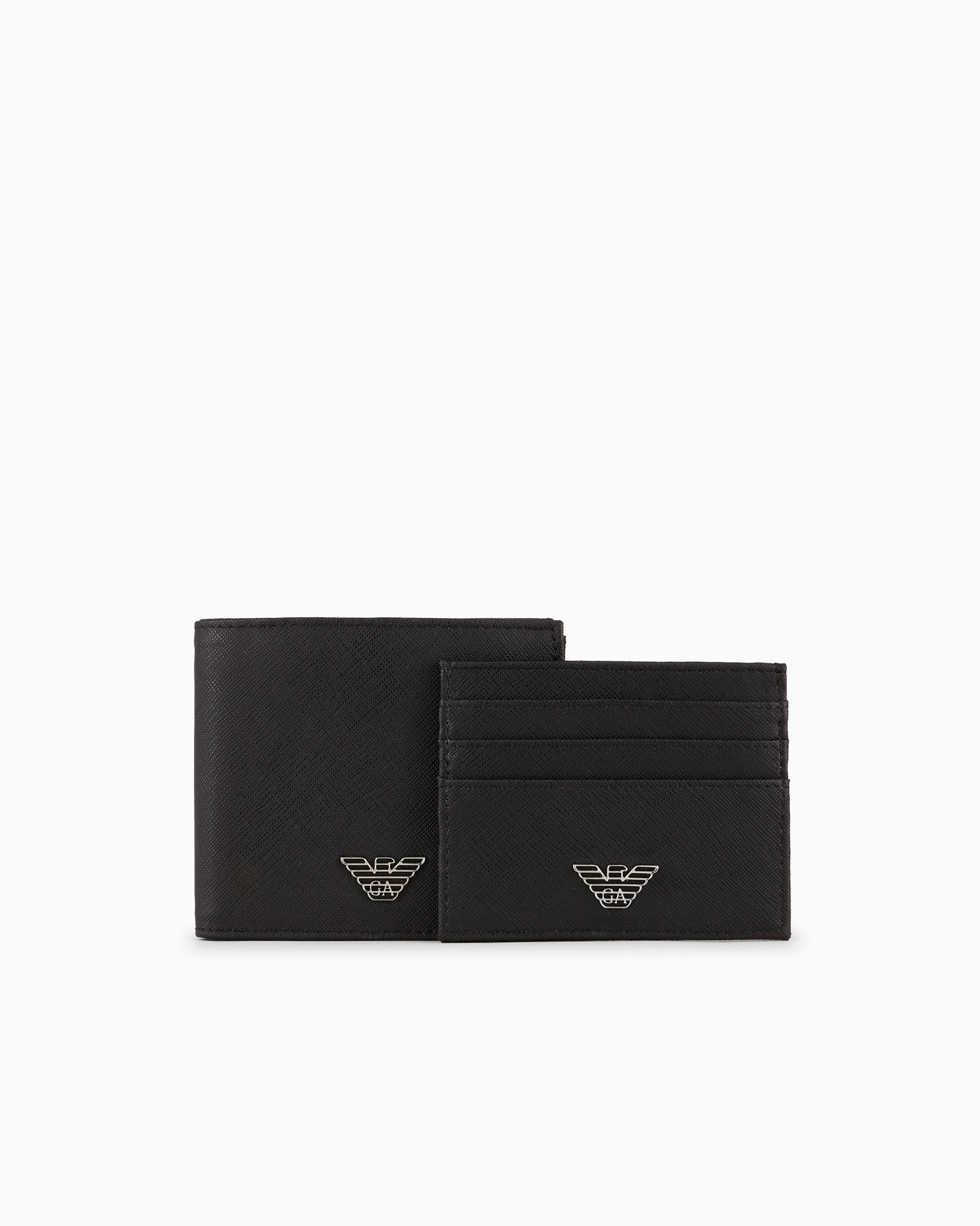 Emporio Armani - ASV gift box containing regenerated Saffiano leather wallet and card holder with eagle plate, Man, Black, Size: TU