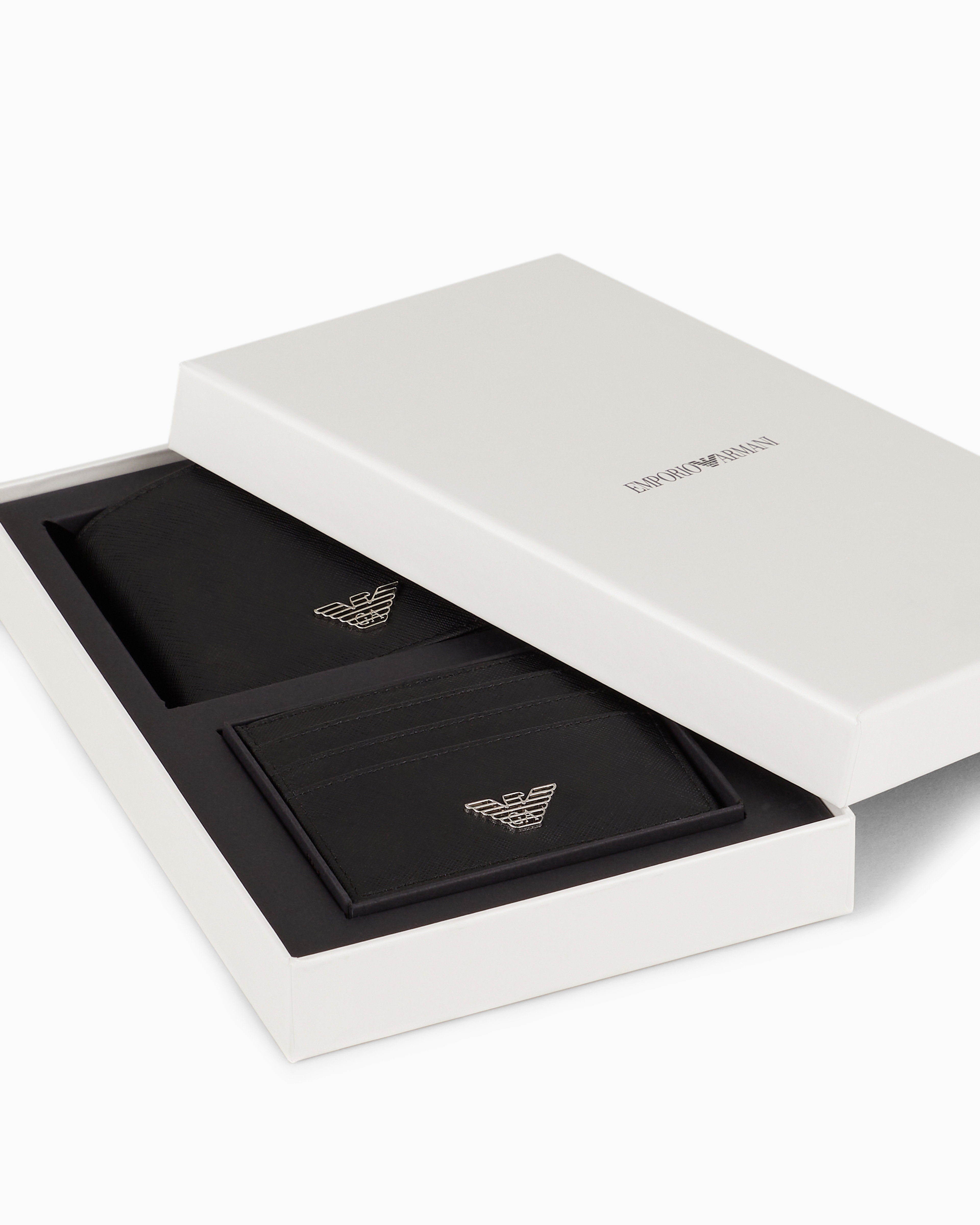 Emporio Armani - ASV gift box containing regenerated Saffiano leather wallet and card holder with eagle plate, Man, Black, Size: TU